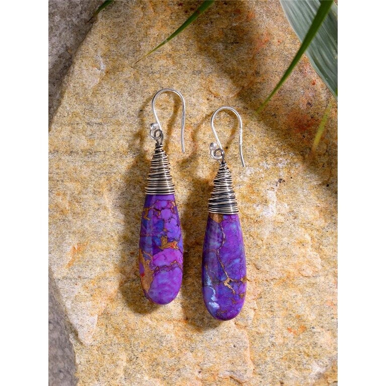 Premium Sterling Silver Purple Copper Turquoise Dangle Earrings - Southwest Style