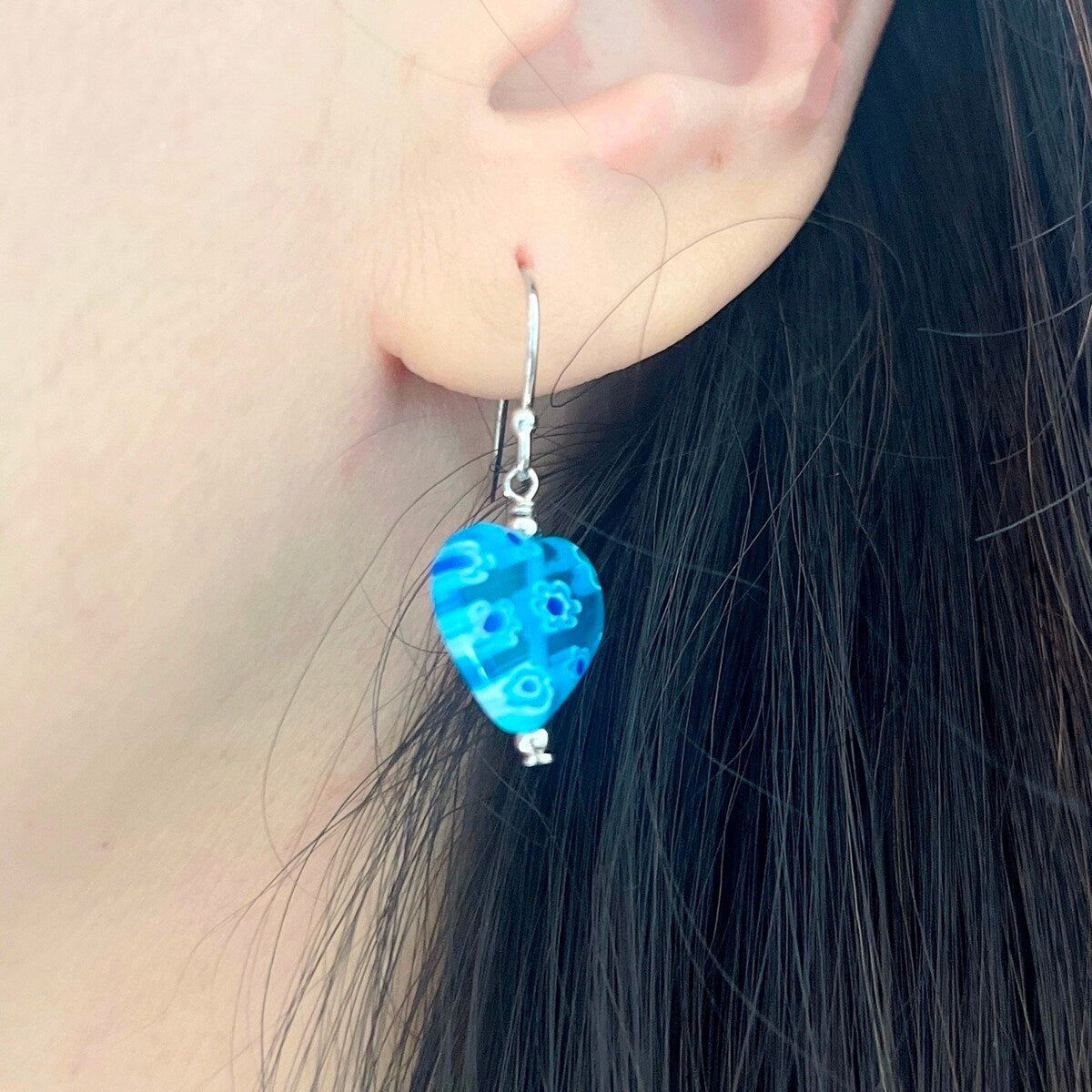 Premium Sterling Silver Blue Murano Glass Heart Earrings