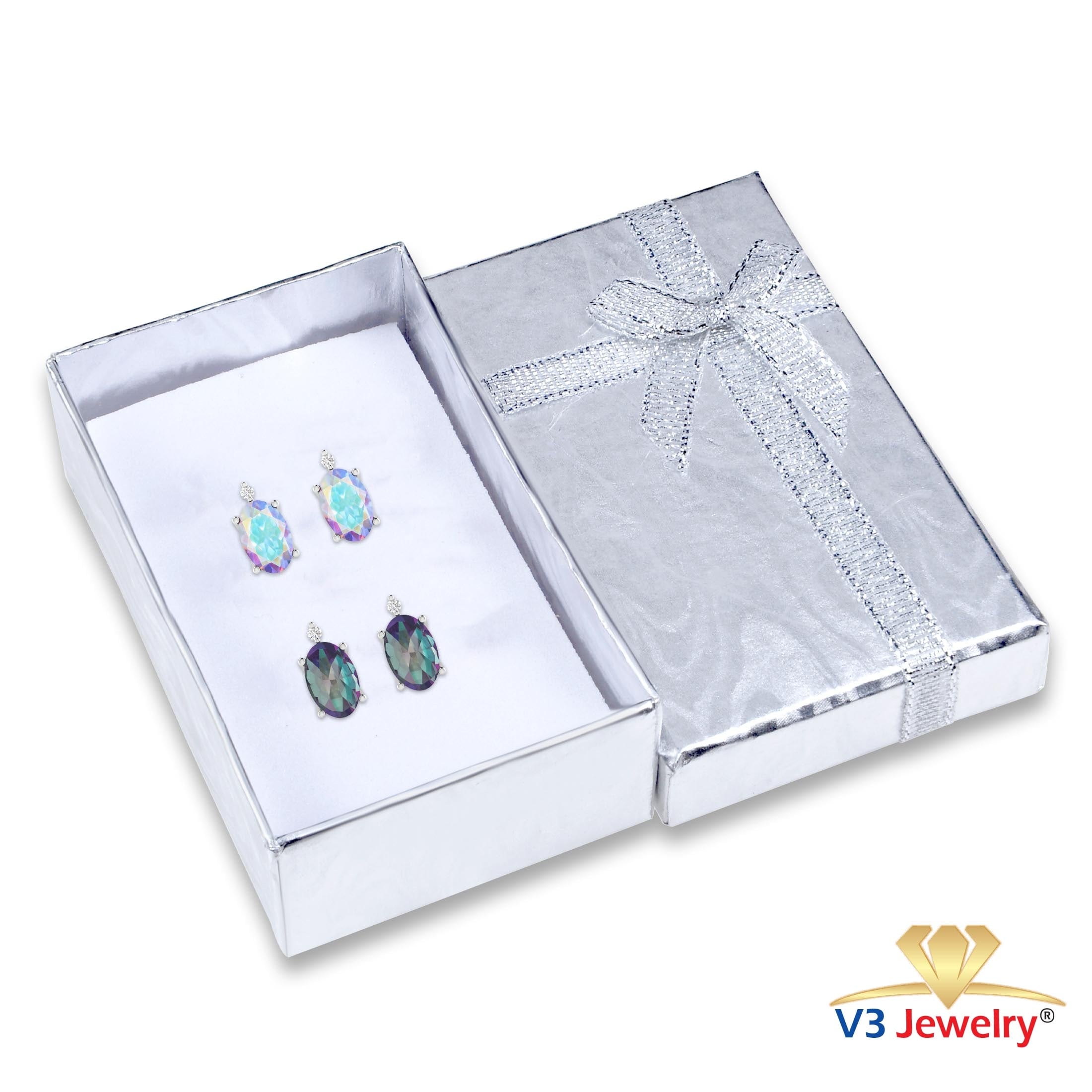 Ultimate Sterling Silver Jewelry Set with Mystic Opal Topaz, Mercury Opal Topaz, and White Diamond Stud Earrings for Women