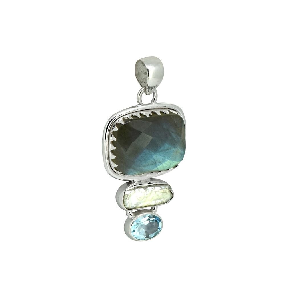 Premium Sterling Silver Labradorite, Pearl & Blue Topaz Gemstone Pendant - Handcrafted Elegance