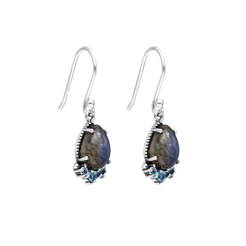 Premium Sterling Silver Labradorite & Blue Topaz Earrings - Elegant Teardrop Design