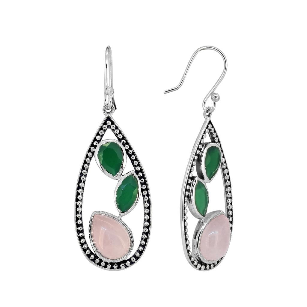 Premium Sterling Silver Rose Quartz & Green Onyx Teardrop Earrings - Ultimate Gemstone Jewelry