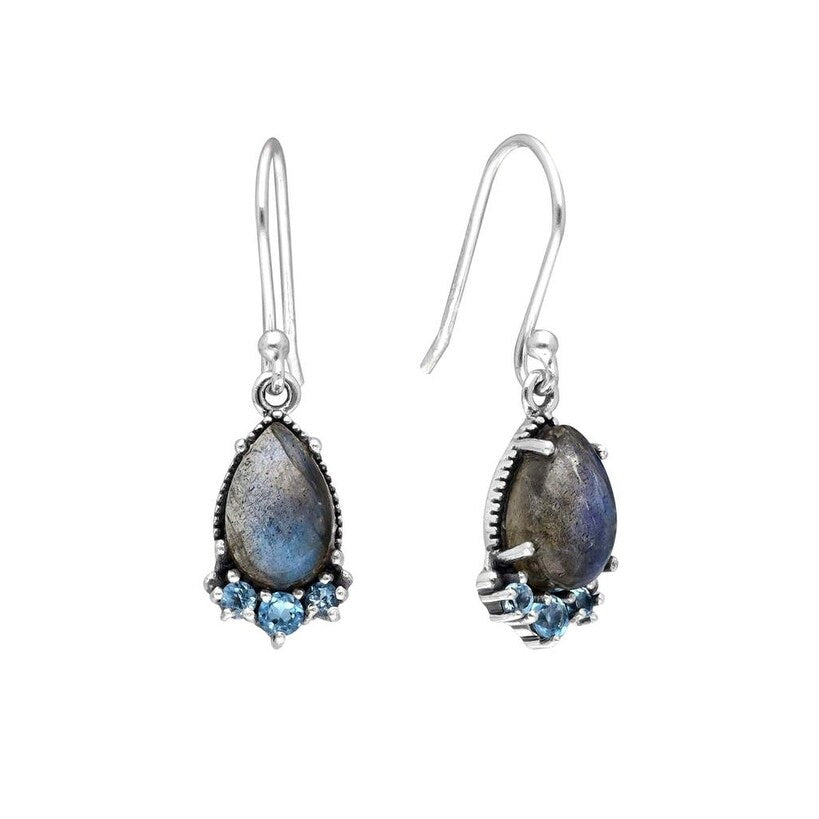 Premium Sterling Silver Labradorite & Blue Topaz Earrings - Elegant Teardrop Design