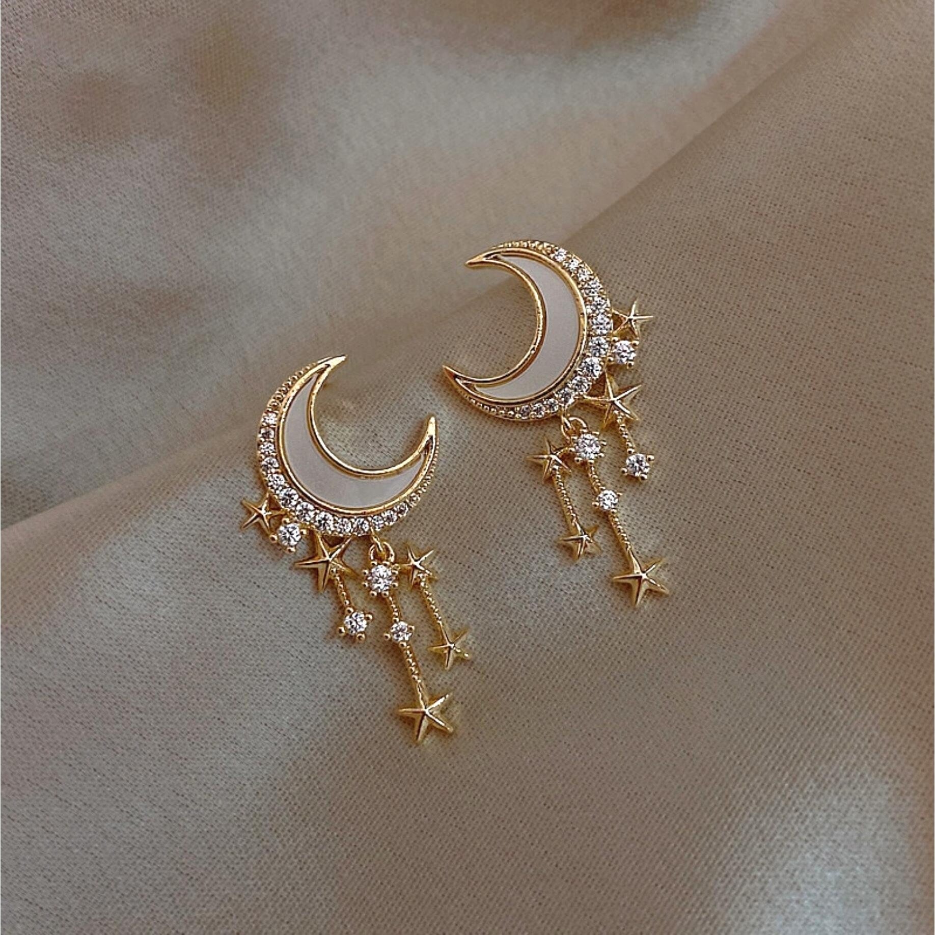 Premium Celestial Goldtone CZ Moon & Star Dangle Earrings - Gift Box Included