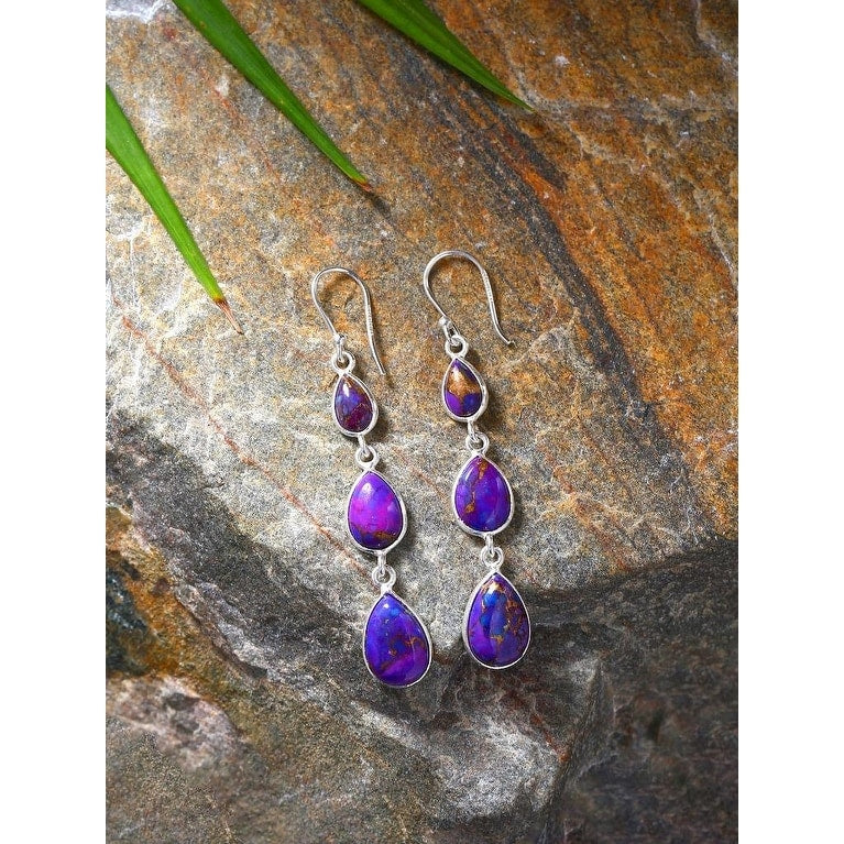 Premium Sterling Silver Purple Copper Turquoise Dangle Earrings - Bohemian Gemstone Jewelry