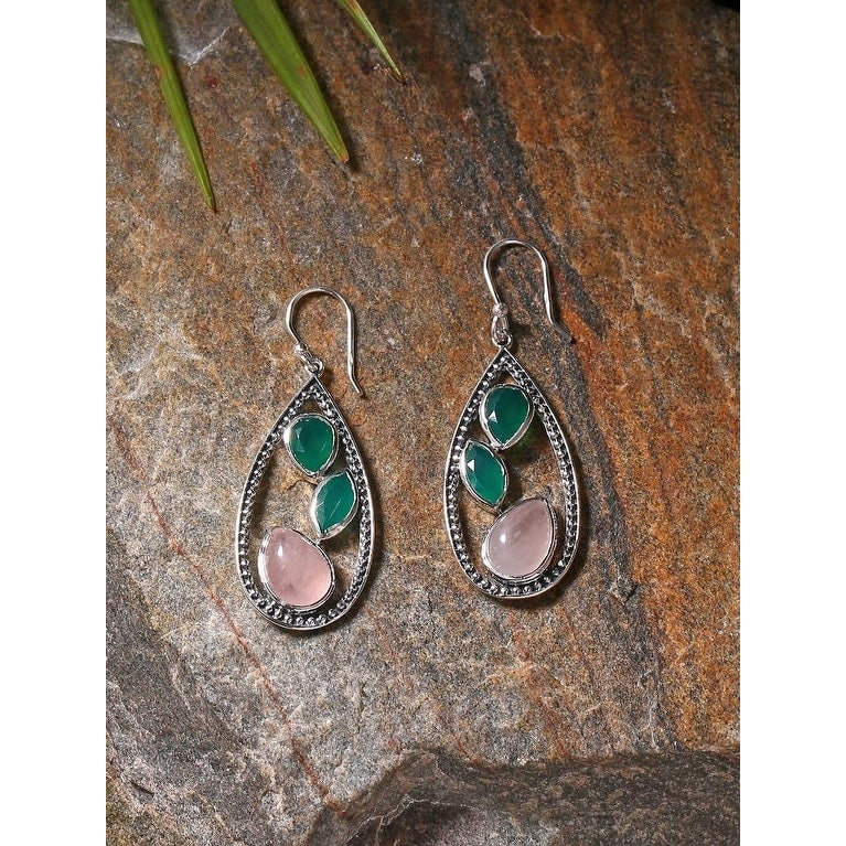 Premium Sterling Silver Rose Quartz & Green Onyx Teardrop Earrings - Ultimate Gemstone Jewelry