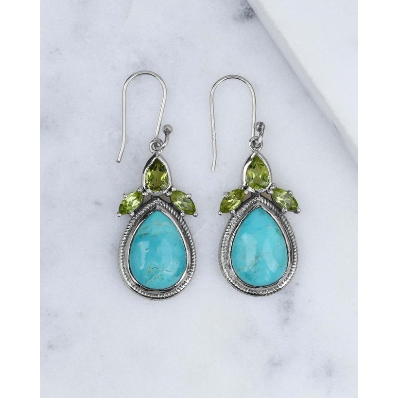 Premium Sterling Silver Blue Mohave Turquoise & Peridot Dangle Earrings