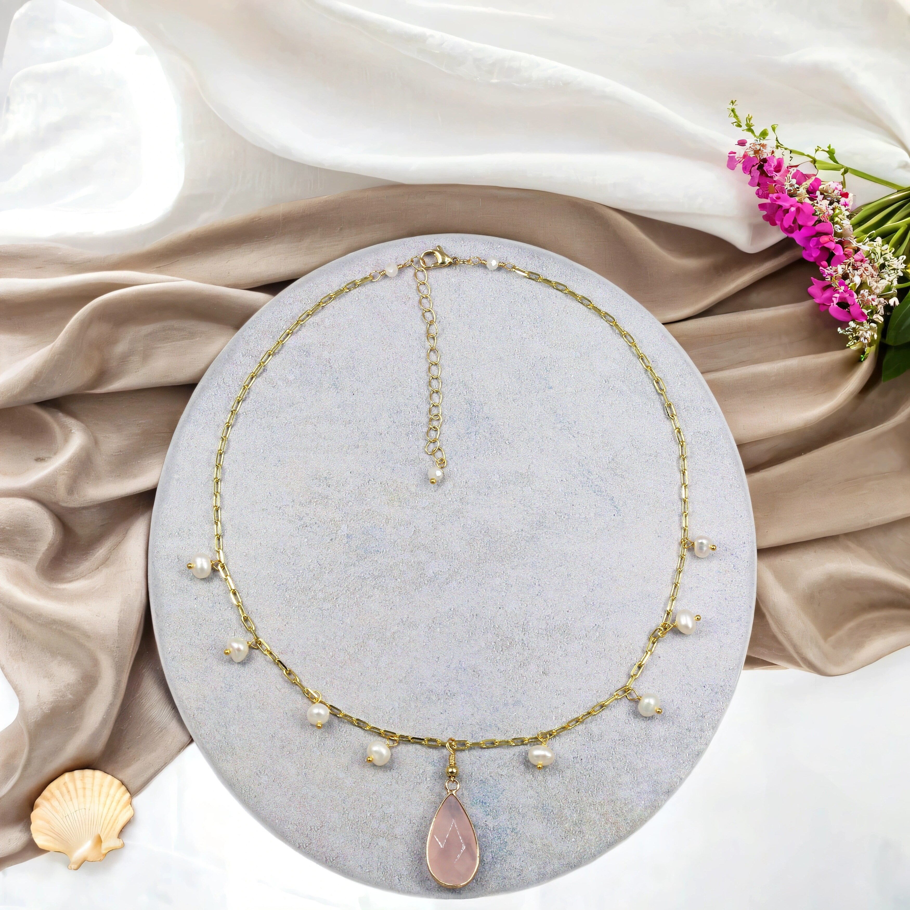 Premium Rose Quartz & Pearl Jewelry Set - Necklace & Earrings