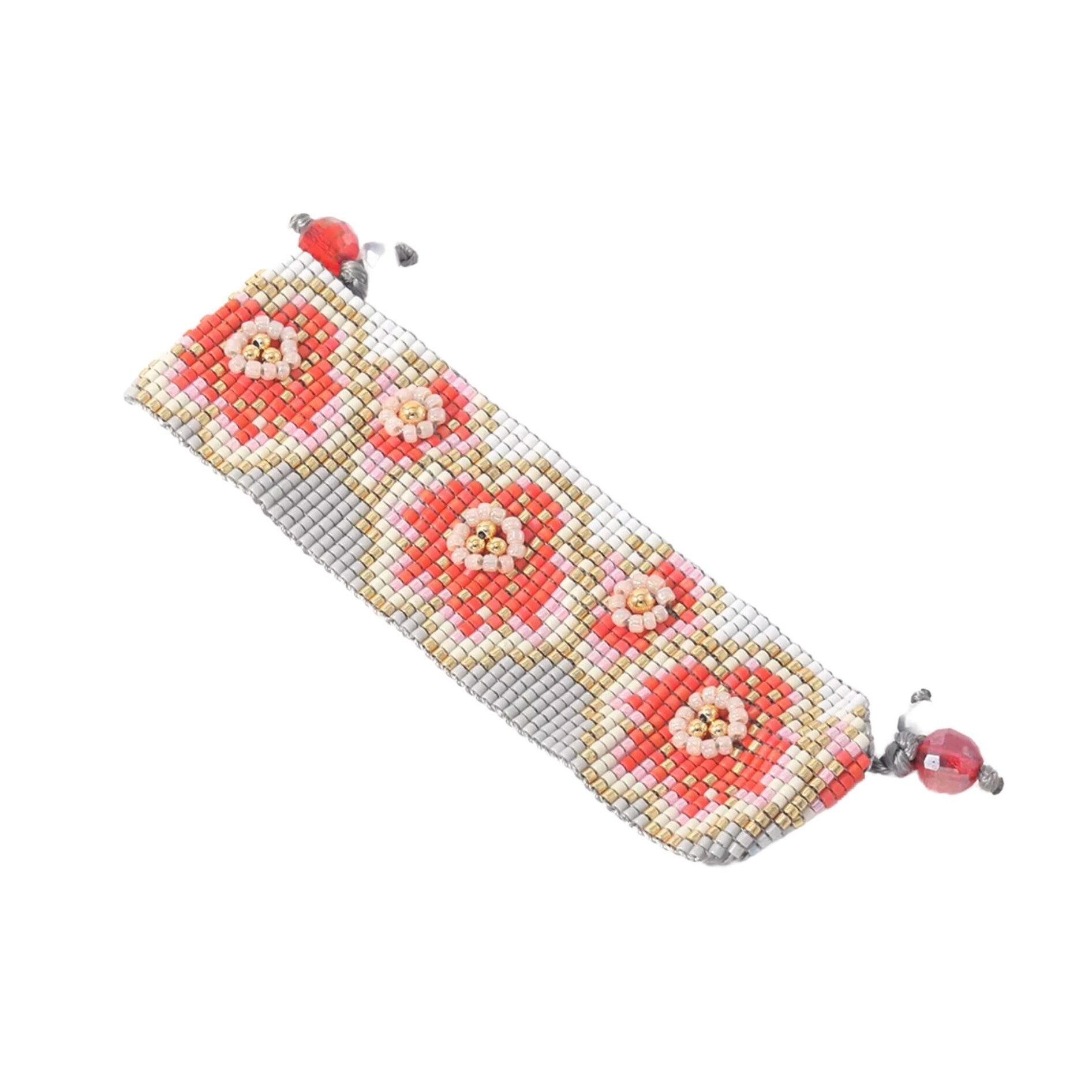 Premium Peach Grey Floral Miyuki Bead Bracelet - Adjustable & Handmade
