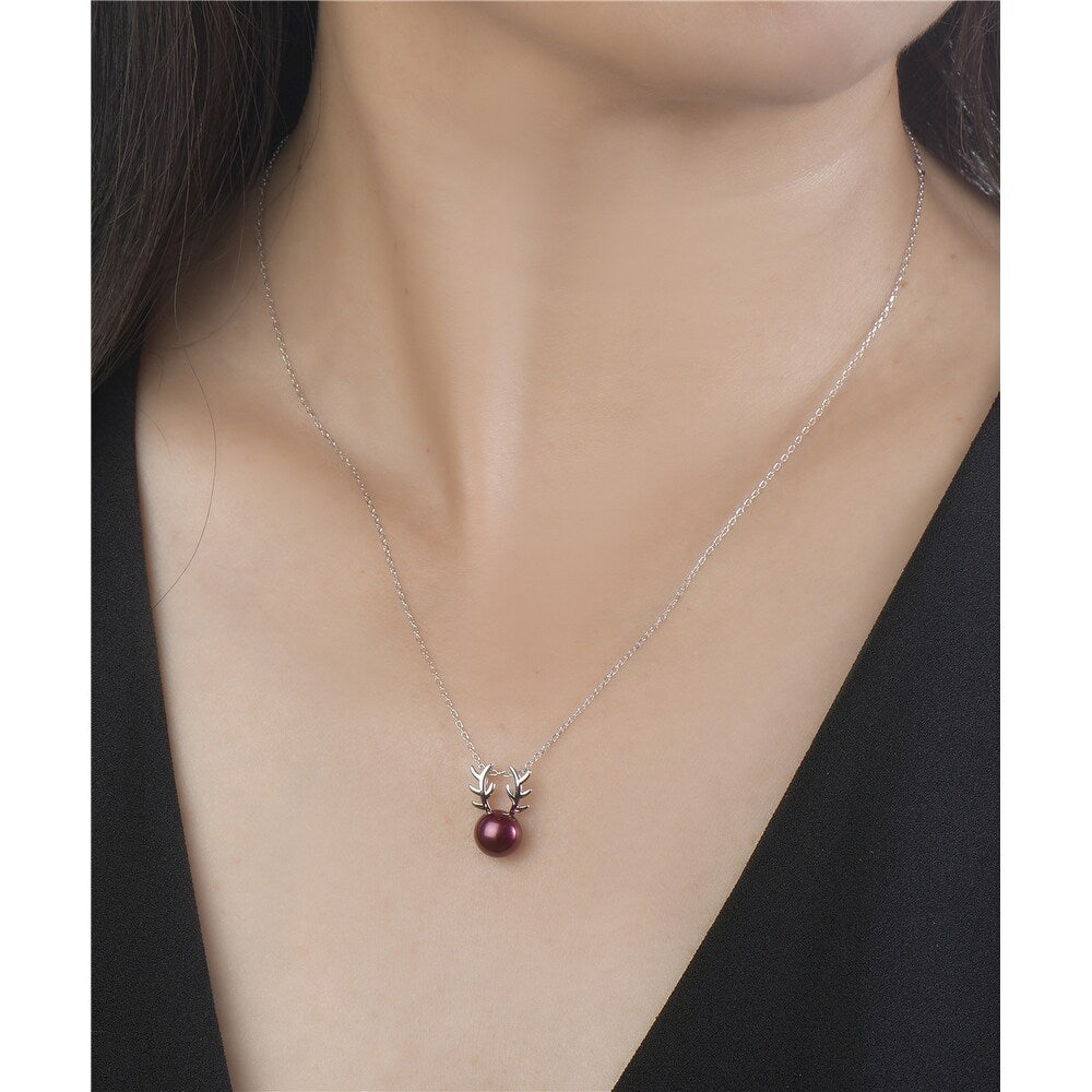 Premium Vera & Co. Sterling Silver Reindeer Pearl Necklace with Red Freshwater Pearl