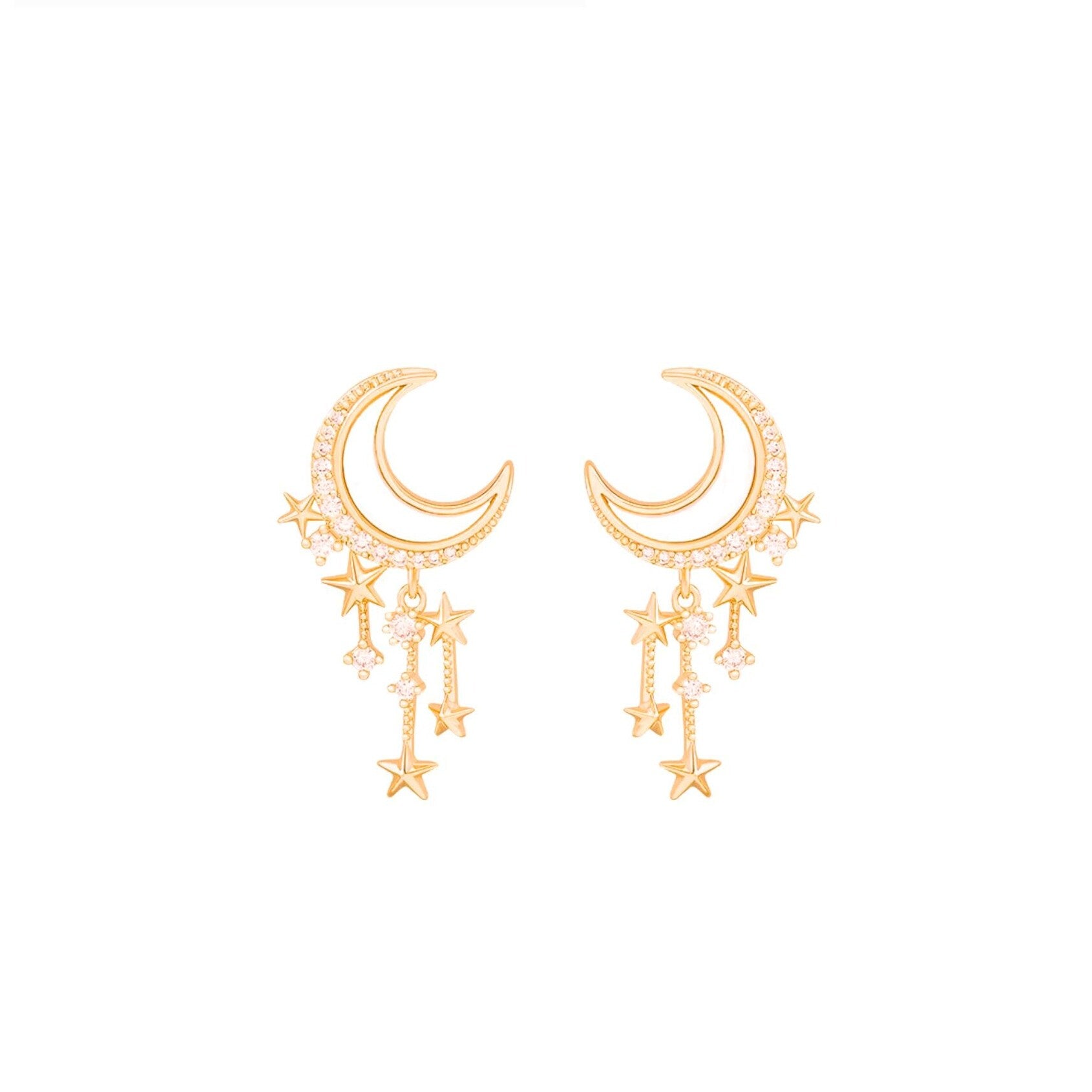 Premium Celestial Goldtone CZ Moon & Star Dangle Earrings - Gift Box Included