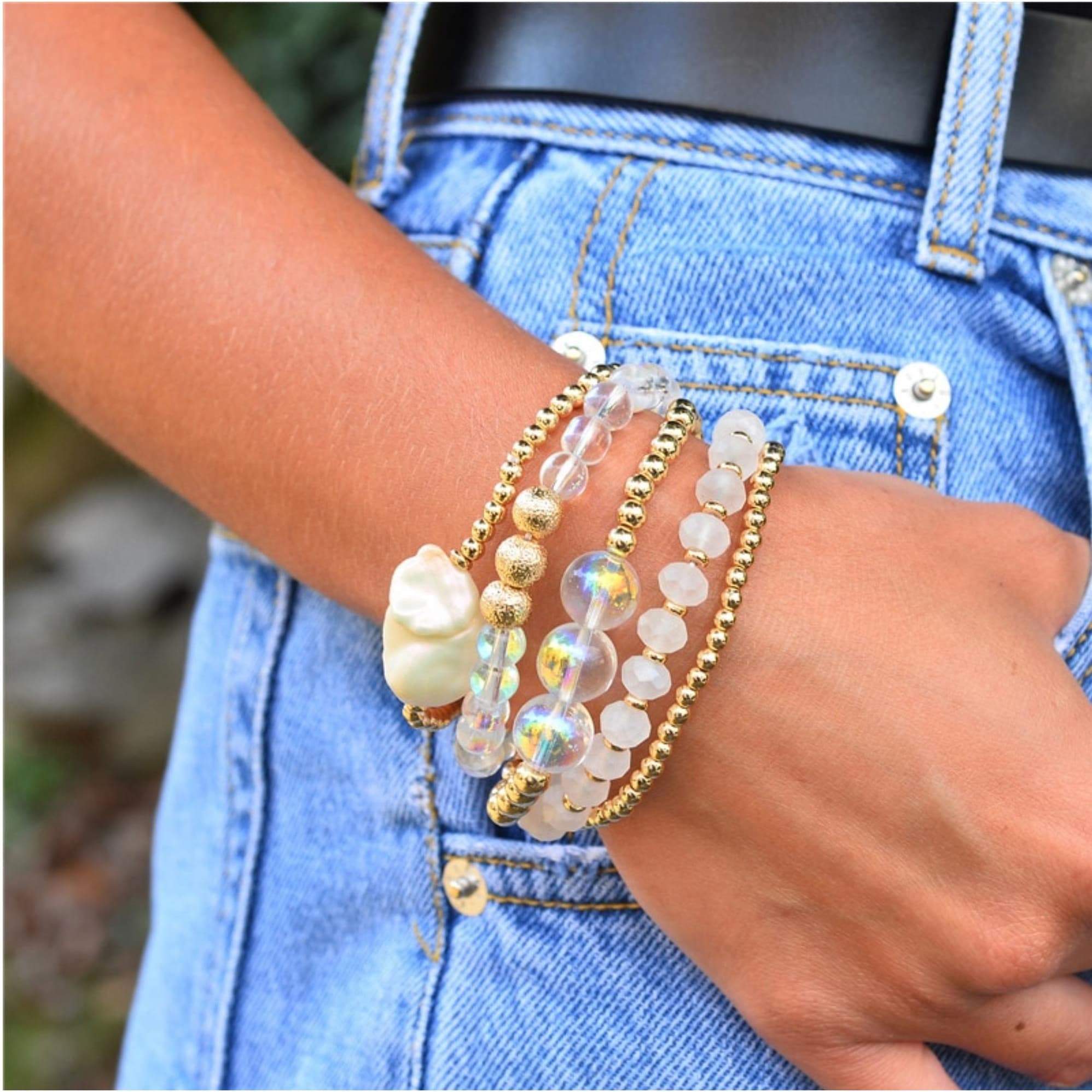 Premium Gold-Tone Iridescent Crystal & Pearl Bracelet Set - Ultimate Elegance