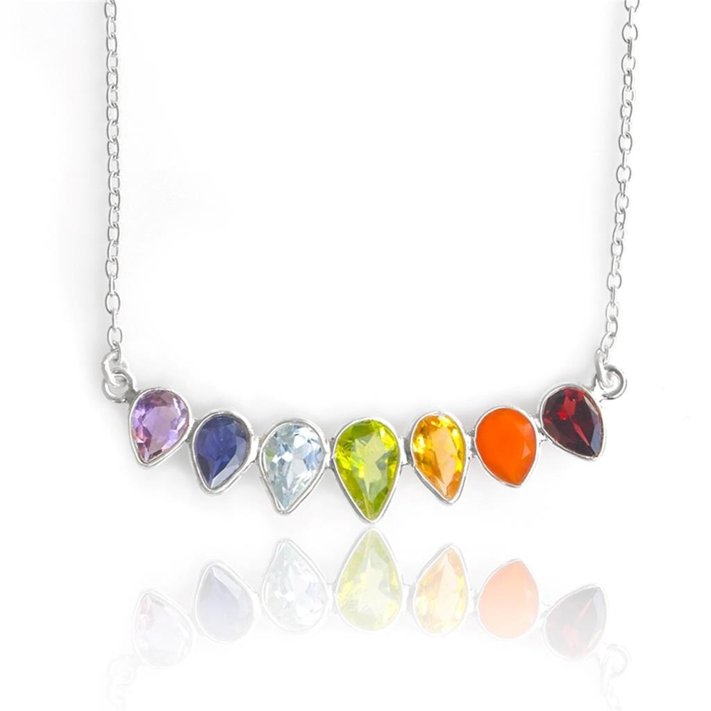 Premium YS Gems Chakra Healing Necklace - Sterling Silver & Rainbow Gemstones