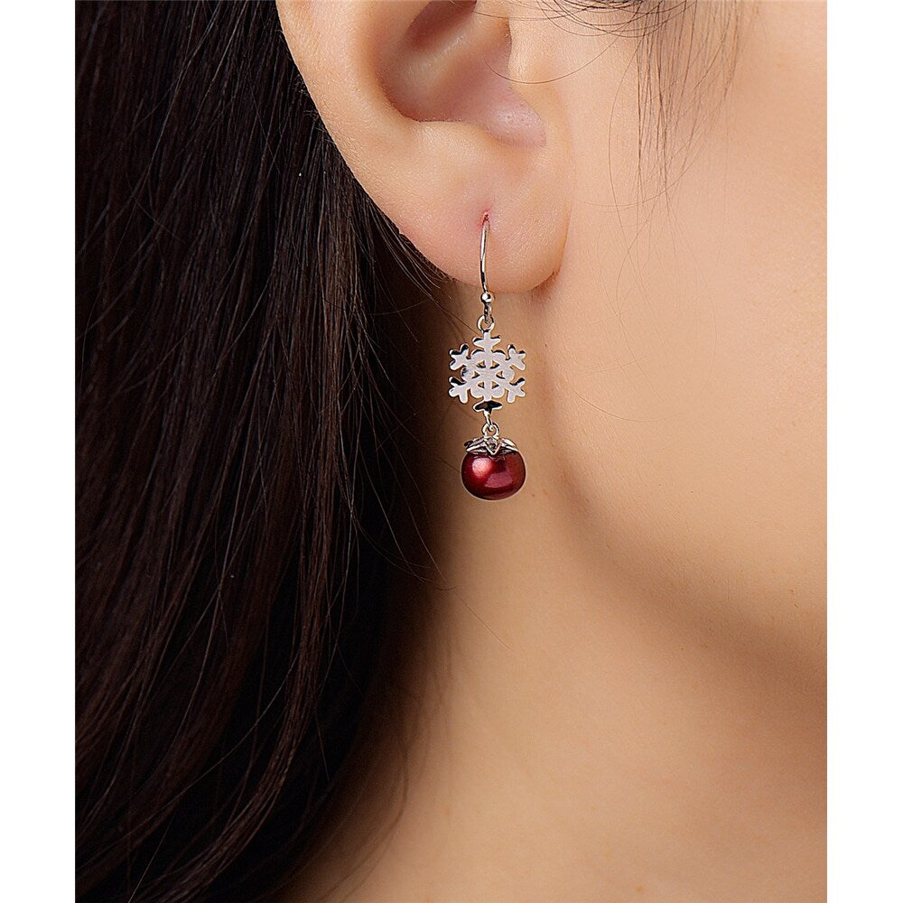 Premium Vera & Co. Sterling Silver Snowflake Earrings with Red Freshwater Pearl Drop