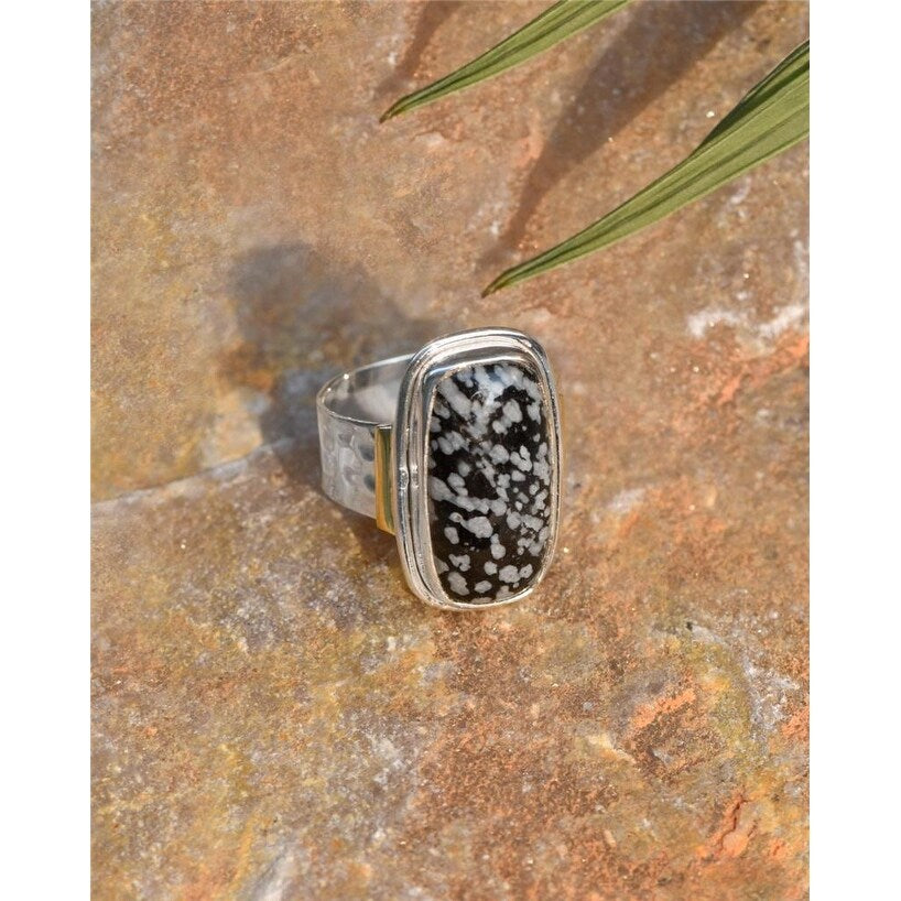 Premium Sterling Silver Snowflake Obsidian Gemstone Ring with Dual-Tone Band