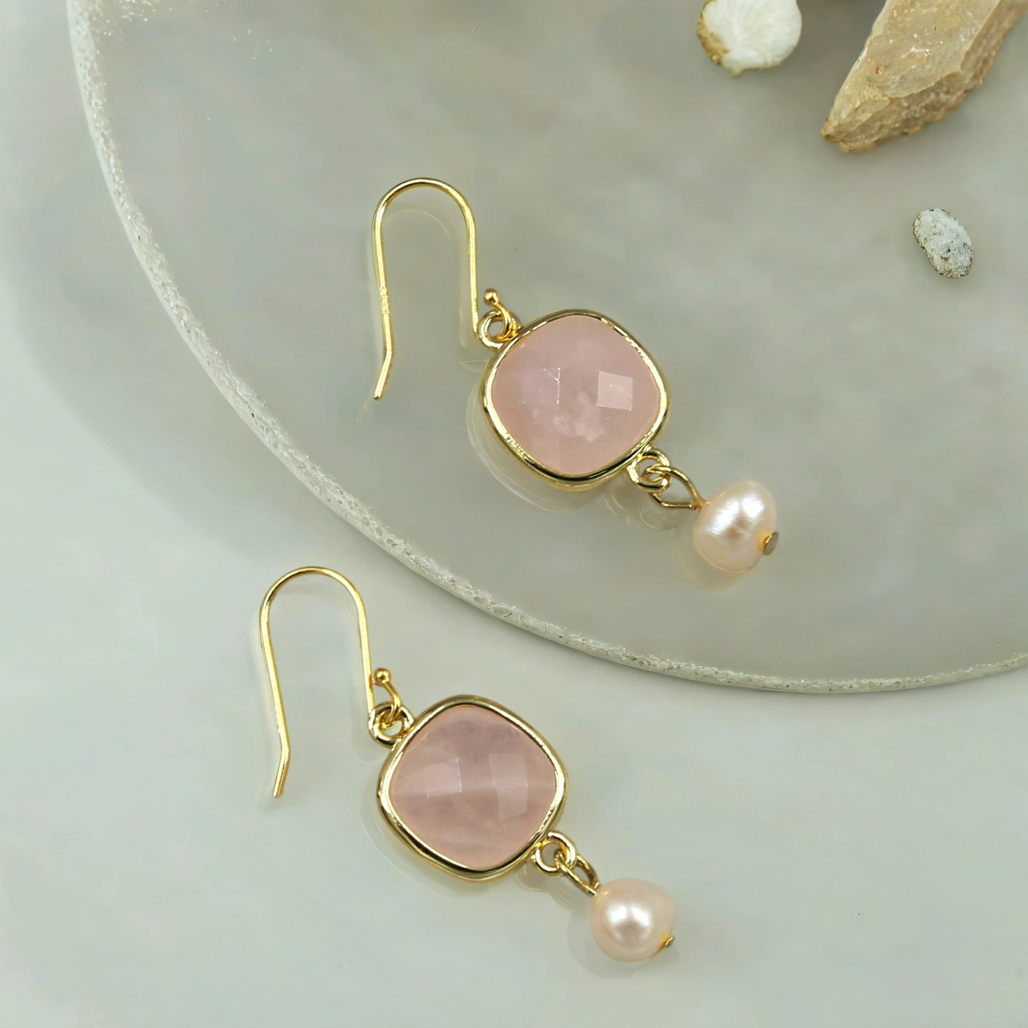 Premium Rose Quartz & Pearl Jewelry Set - Necklace & Earrings