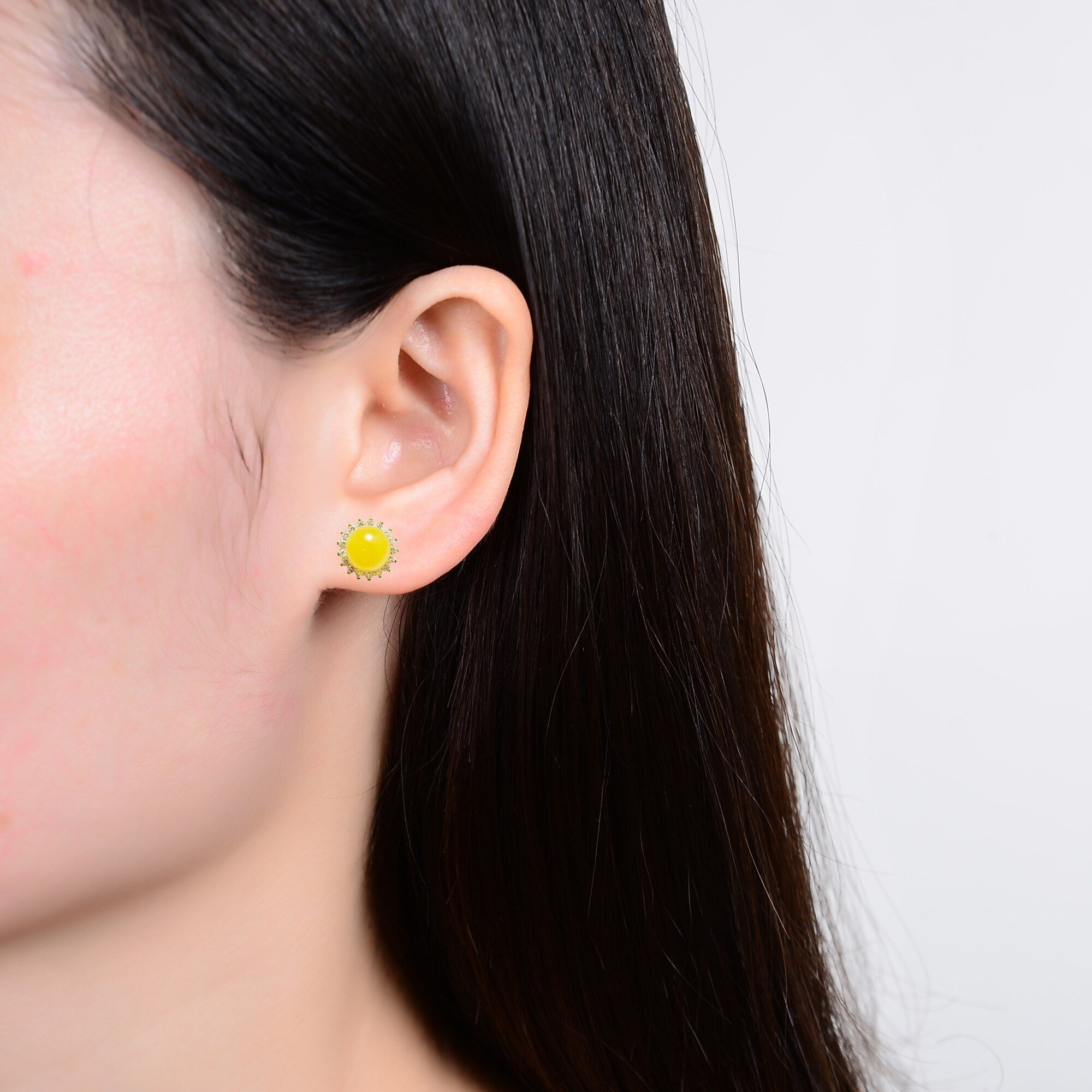 Premium V3 Jewelry 18K Gold Plated Yellow Amber & Cubic Zirconia Halo Stud Earrings