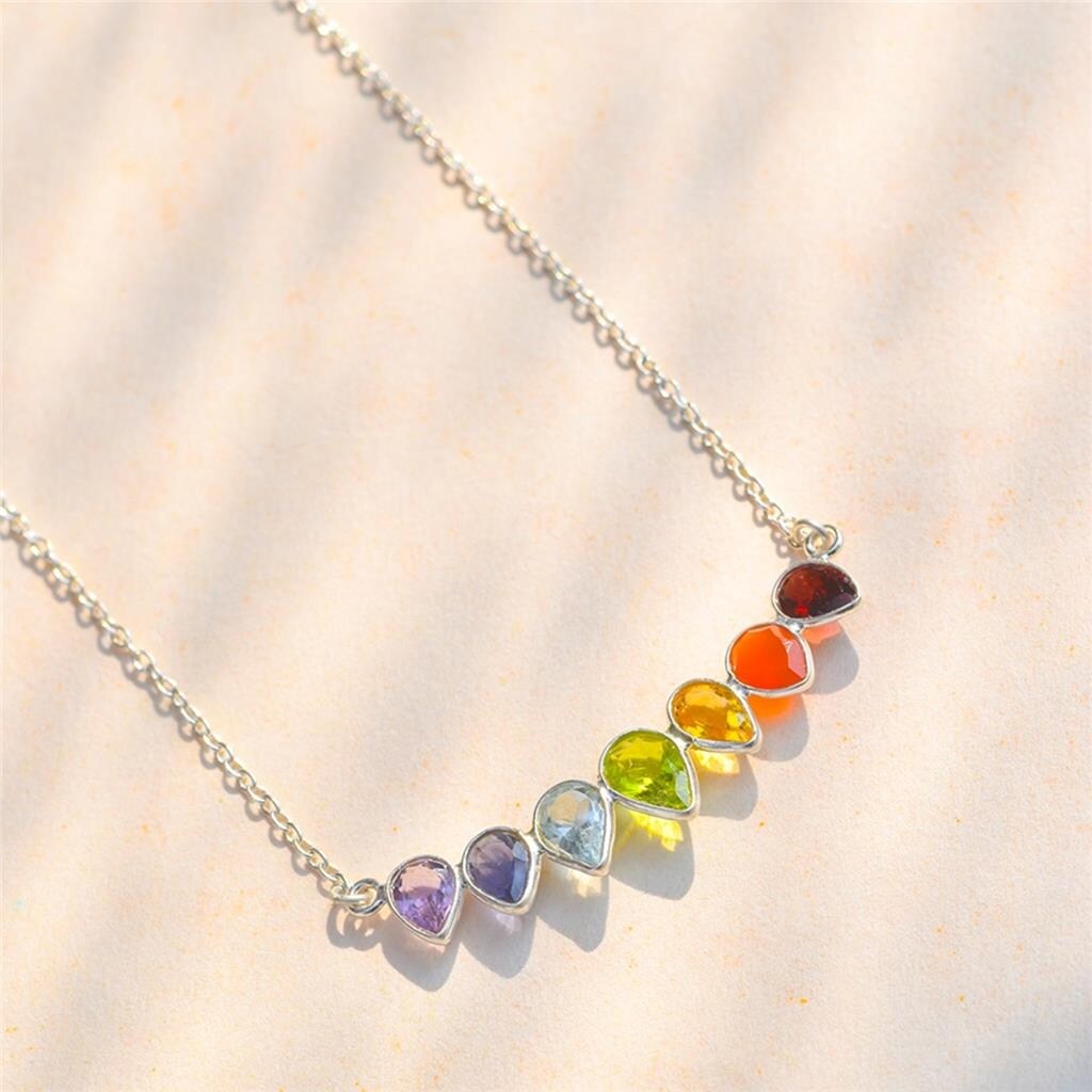 Premium YS Gems Chakra Healing Necklace - Sterling Silver & Rainbow Gemstones