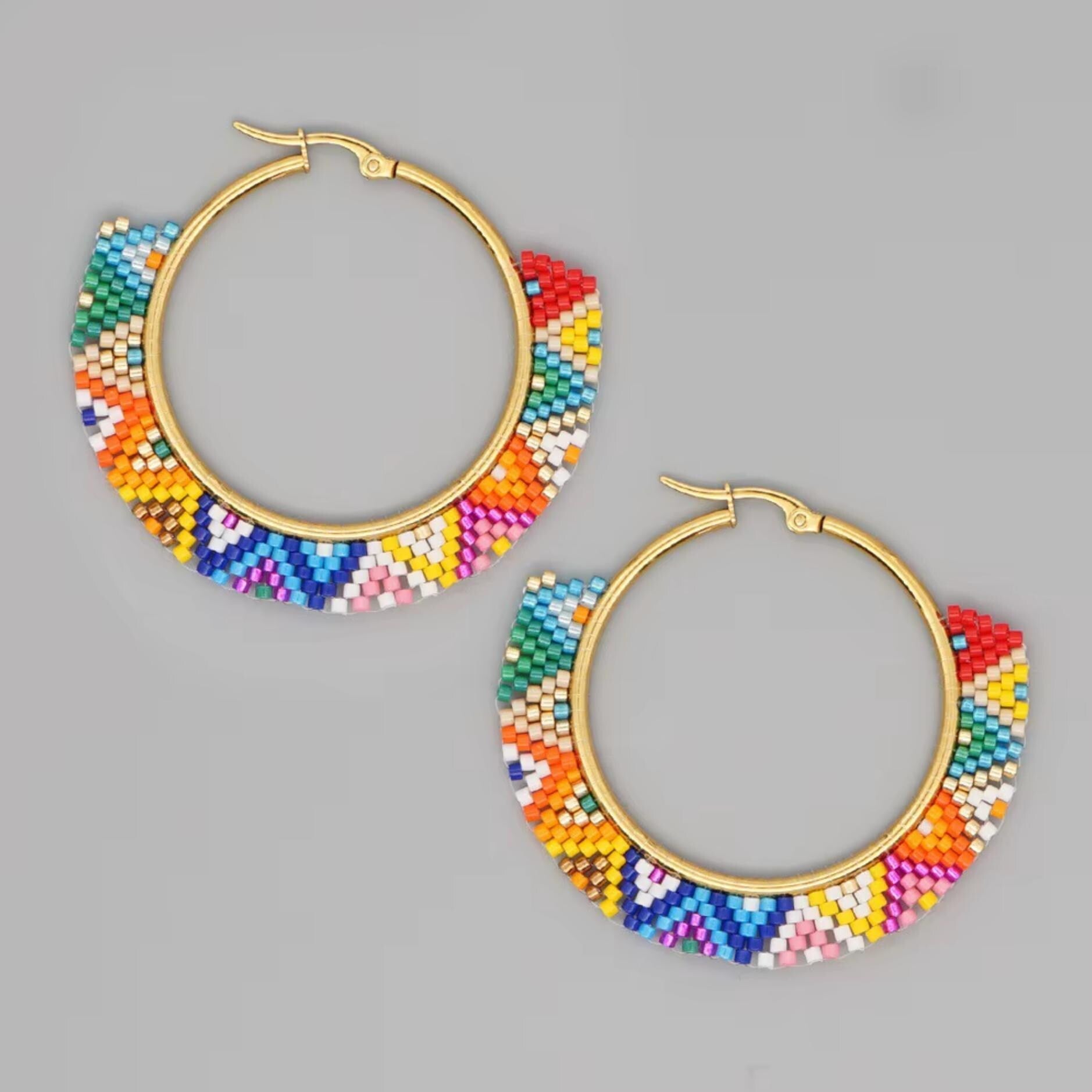 Premium Geometric Miyuki Seed Bead Hoop Earrings - Red Multi Colored