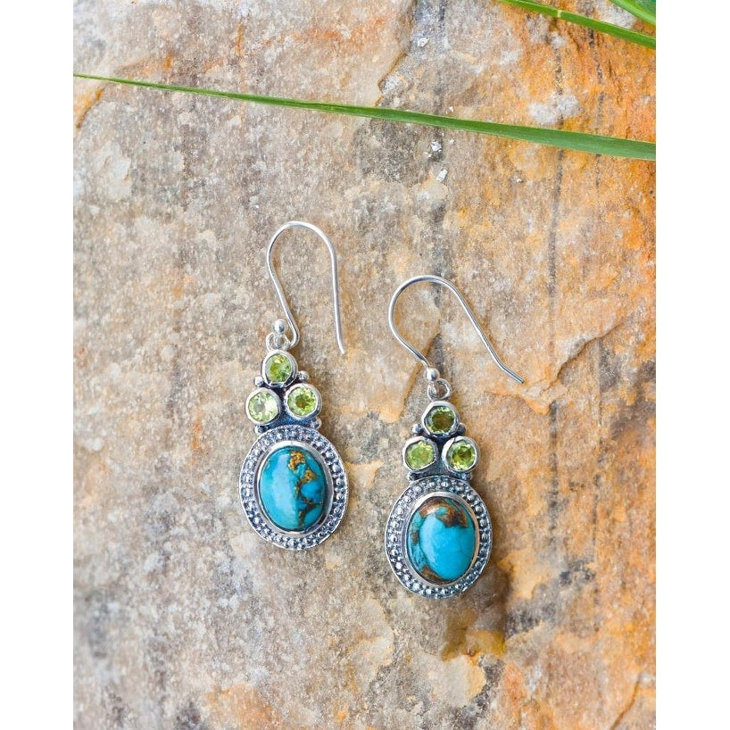 Premium Sterling Silver Turquoise & Peridot Dangle Earrings - Elegant Gemstone Jewelry
