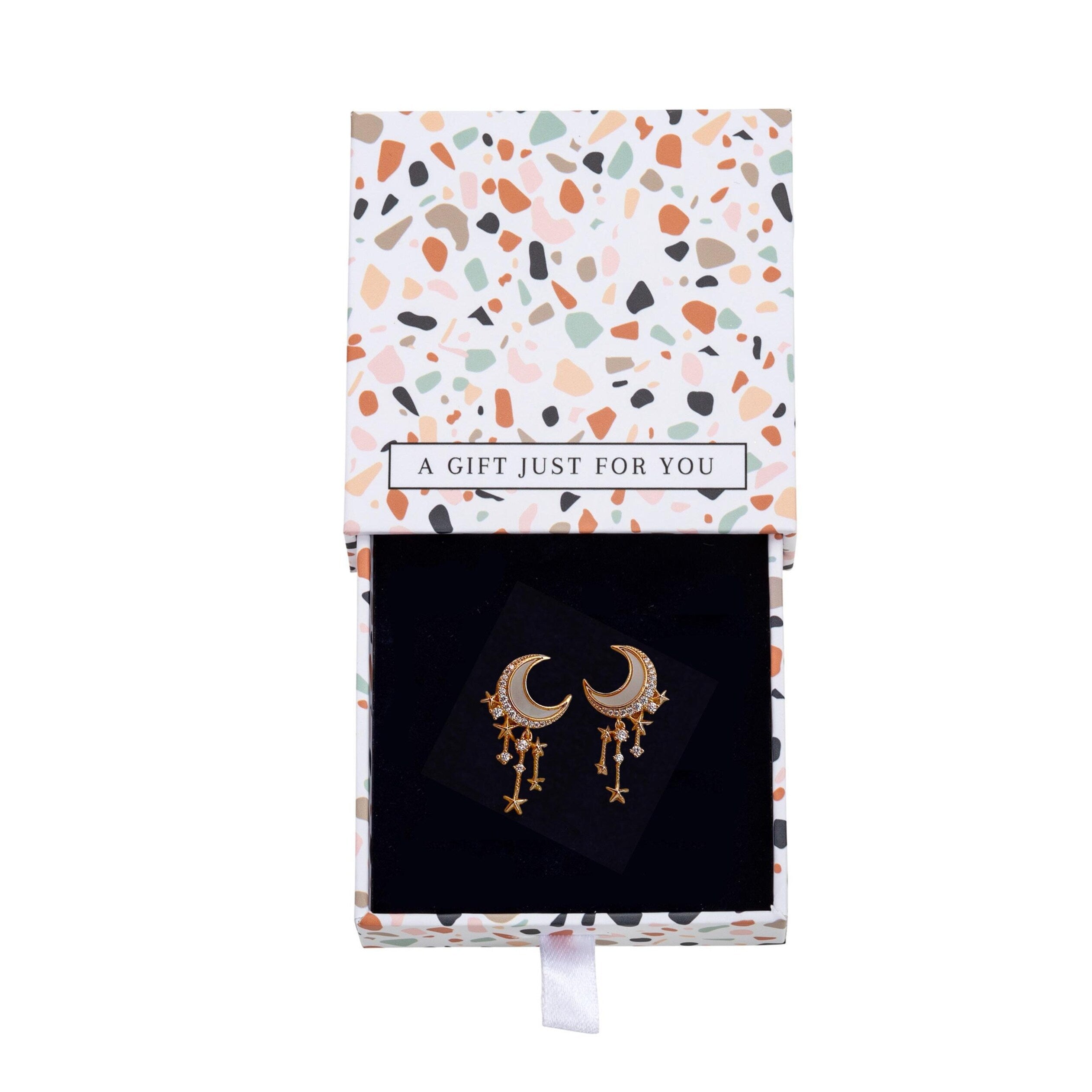 Premium Celestial Goldtone CZ Moon & Star Dangle Earrings - Gift Box Included