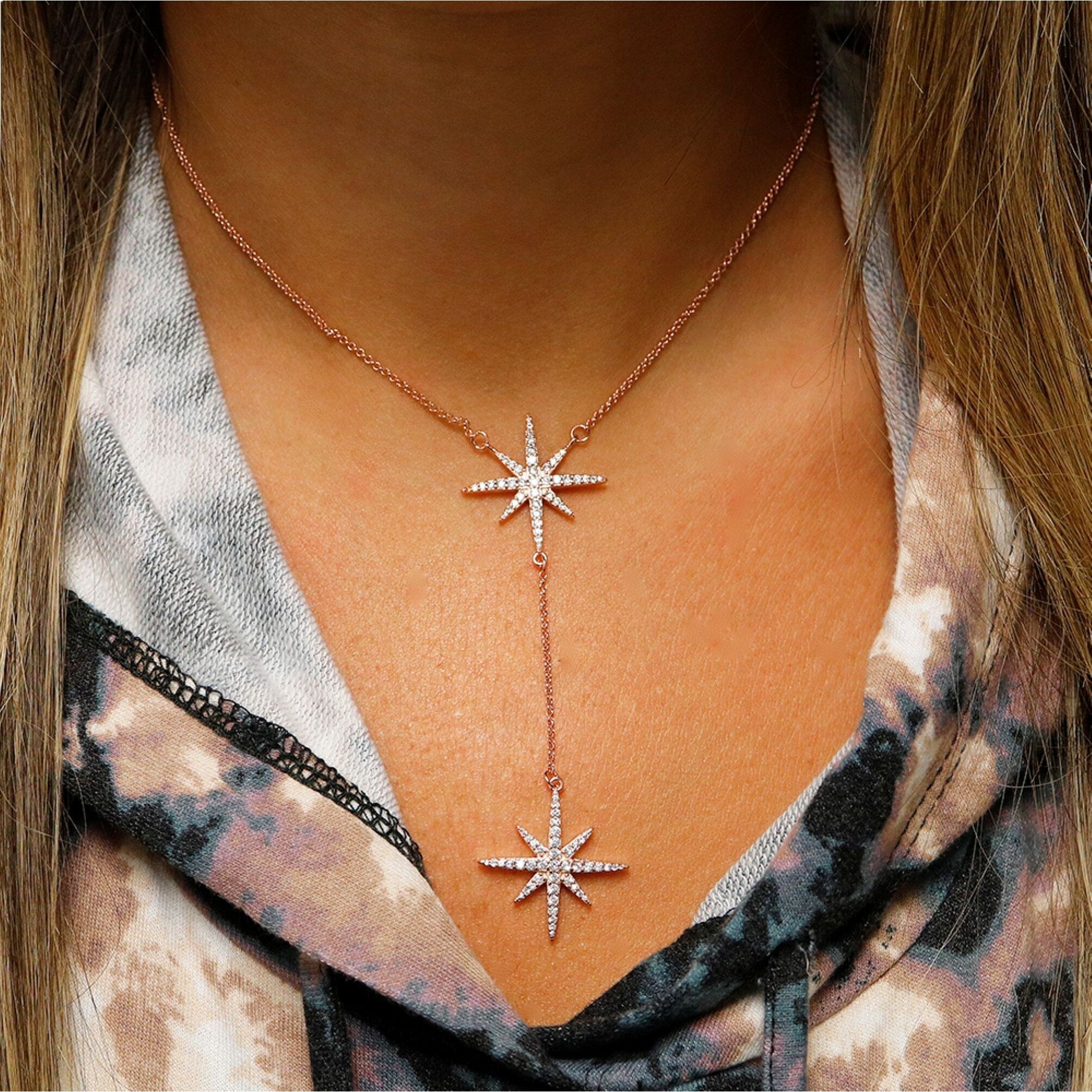 Premium Rose Gold CZ Starburst Pendant Necklace - Adjustable 18-20 Inches