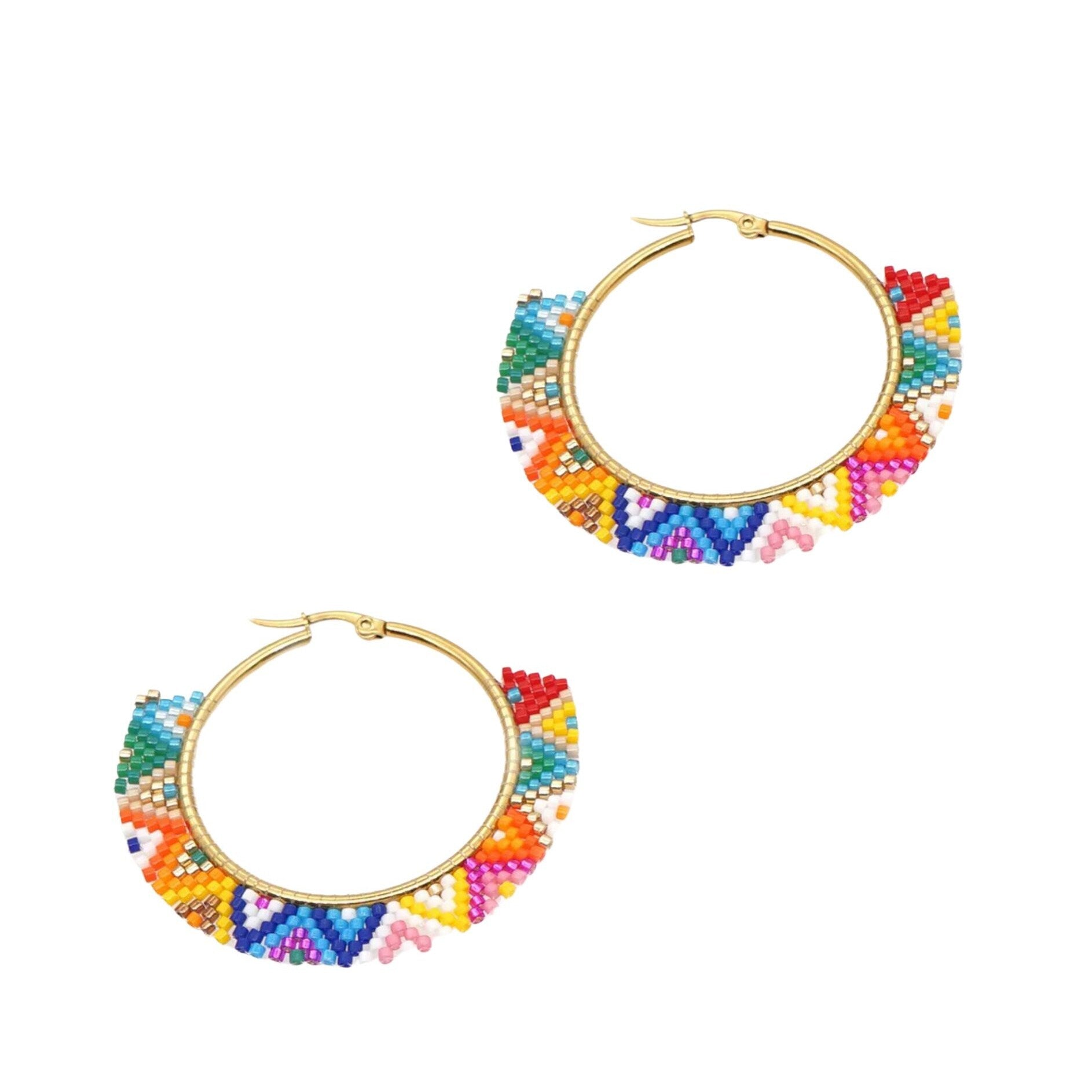 Premium Geometric Miyuki Seed Bead Hoop Earrings - Red Multi Colored