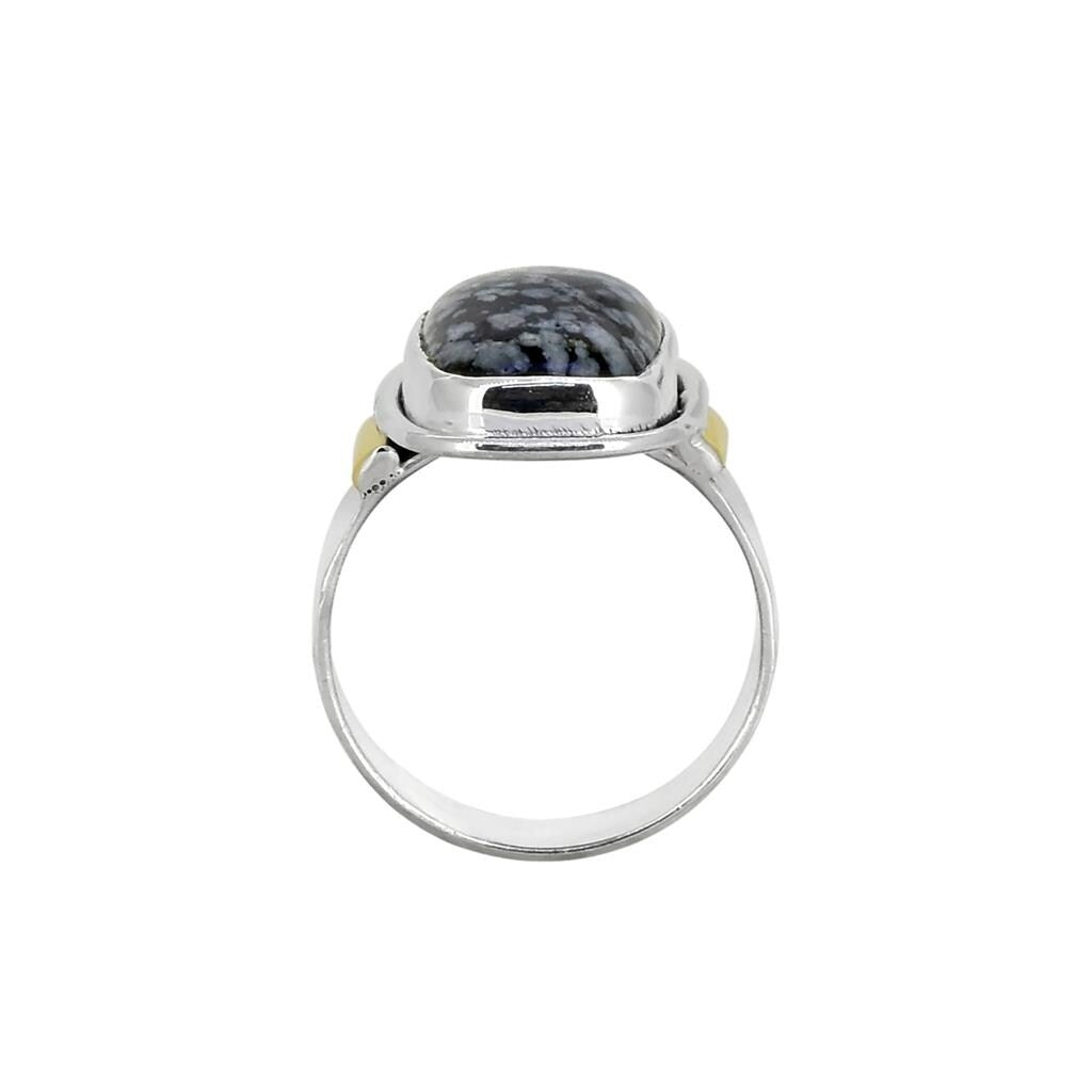 Premium Sterling Silver Snowflake Obsidian Gemstone Ring with Dual-Tone Band