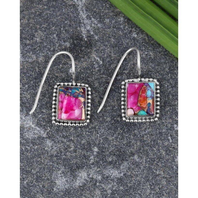Premium Sterling Silver Turquoise Dangle Earrings with Pink Oyster & Copper Accents