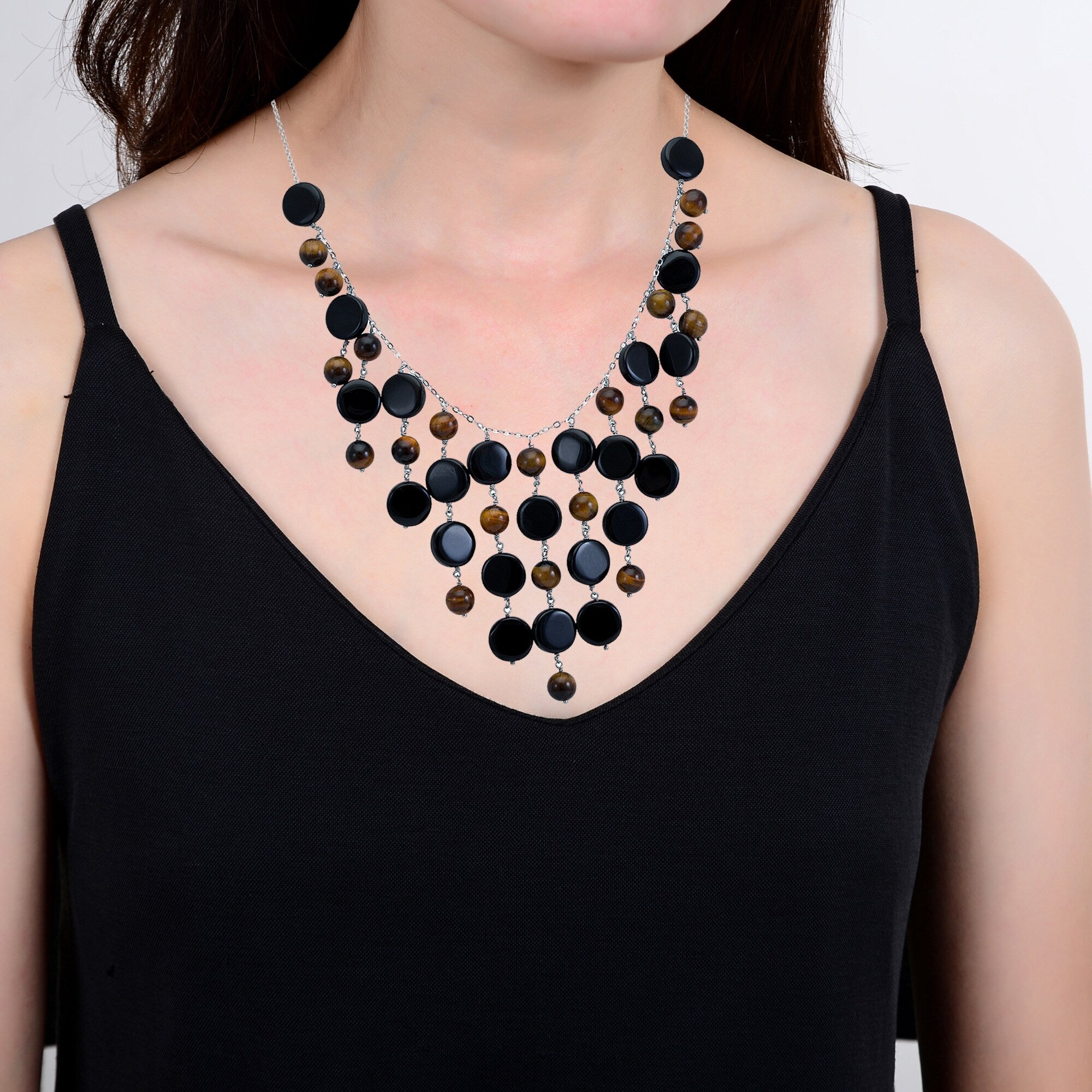 Premium Sterling Silver Statement Necklace with Tiger Eye and Onyx Gemstones