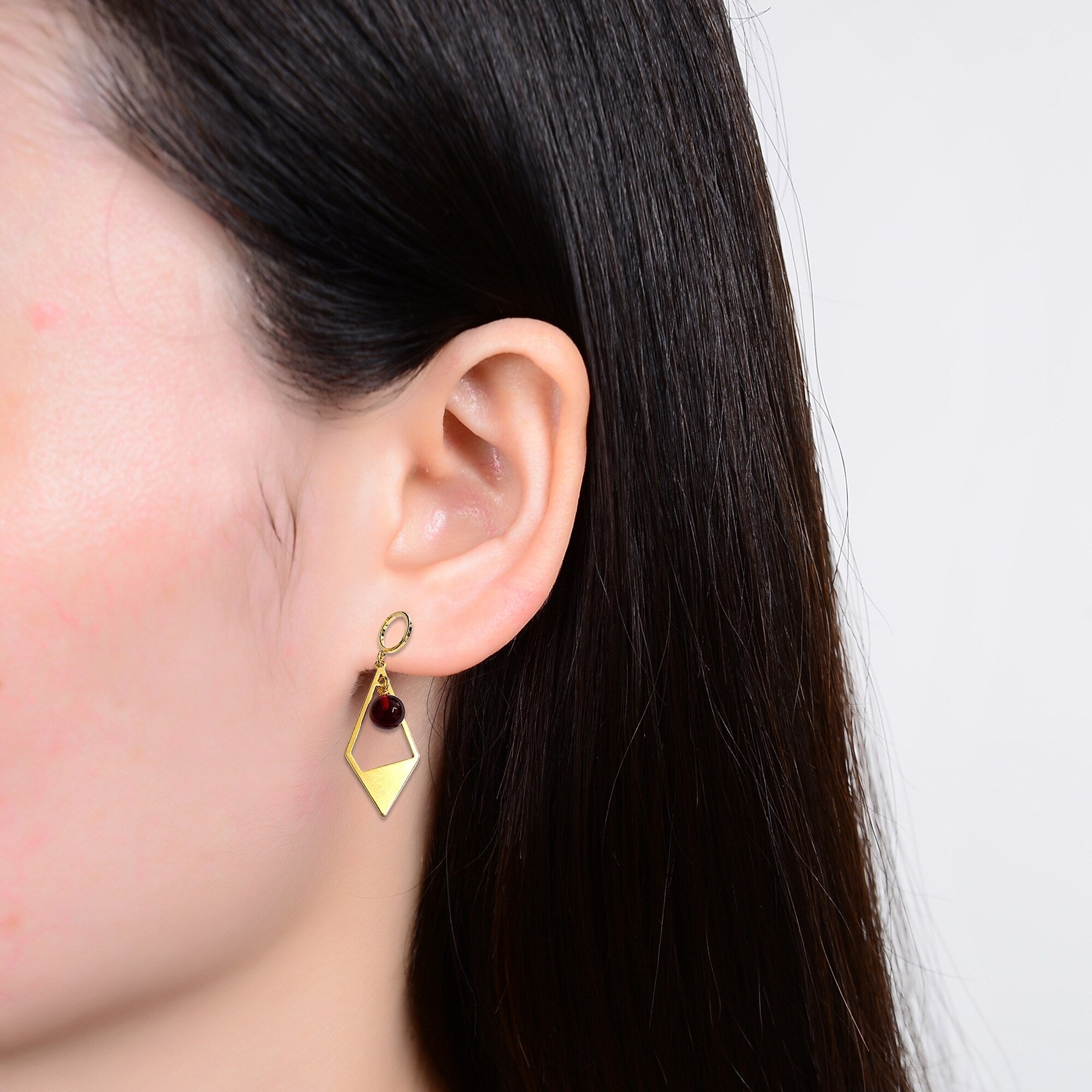 Premium Red Amber Goldtone Triangular Drop Earrings - Ultimate Elegance