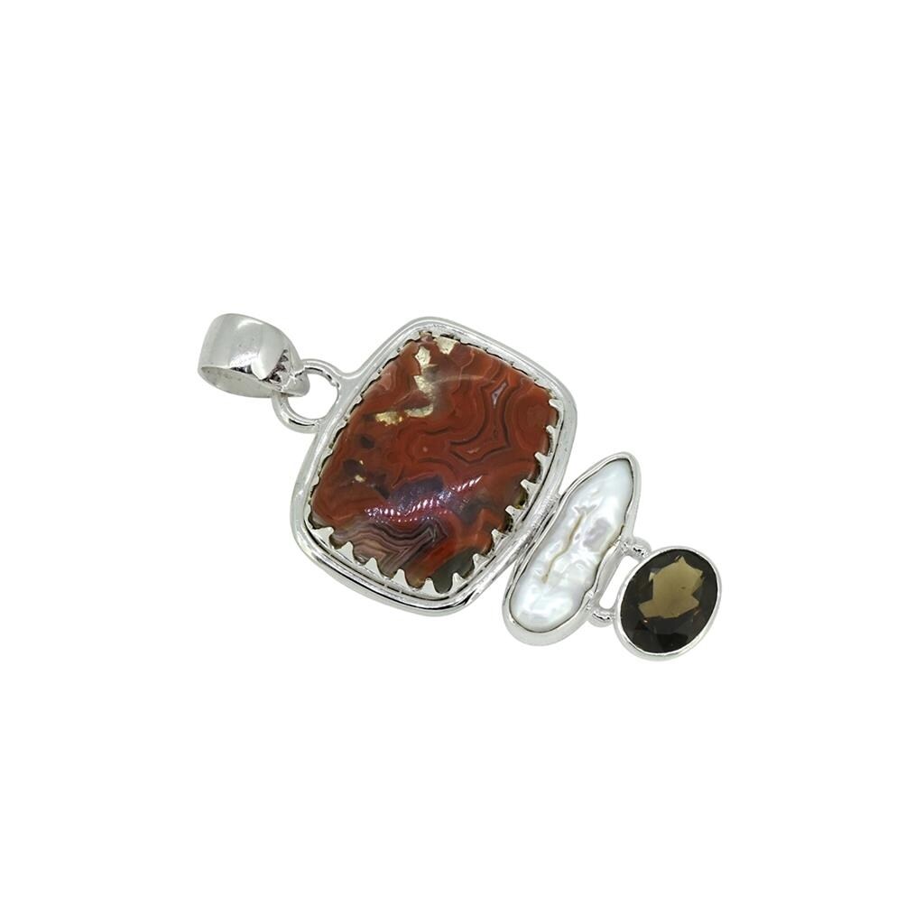 Premium Sterling Silver Crazy Lace Agate & Pearl Pendant with Smoky Quartz - Elegant Gemstone Jewelry