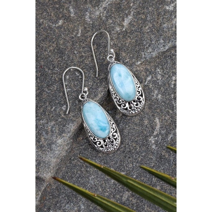 Premium YS Gems Sterling Silver Larimar Dangle Earrings - Caribbean Elegance