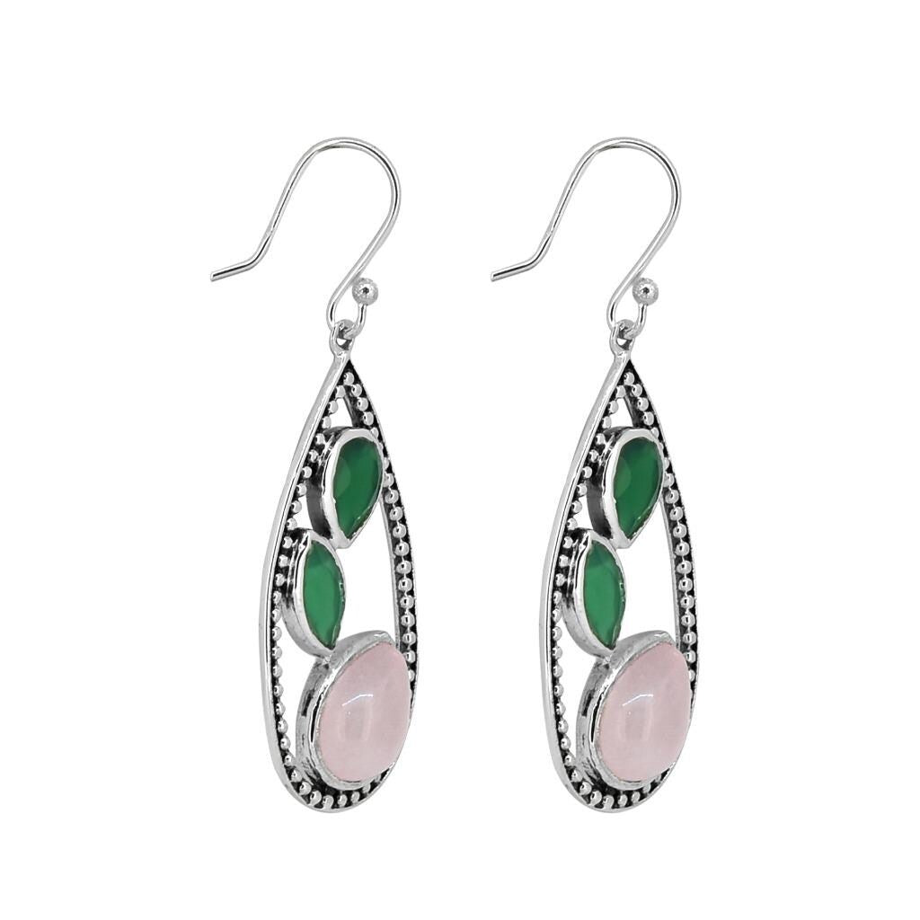 Premium Sterling Silver Rose Quartz & Green Onyx Teardrop Earrings - Ultimate Gemstone Jewelry