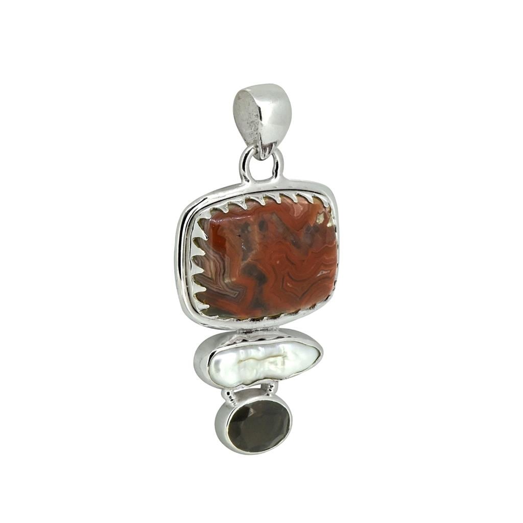 Premium Sterling Silver Crazy Lace Agate & Pearl Pendant with Smoky Quartz - Elegant Gemstone Jewelry