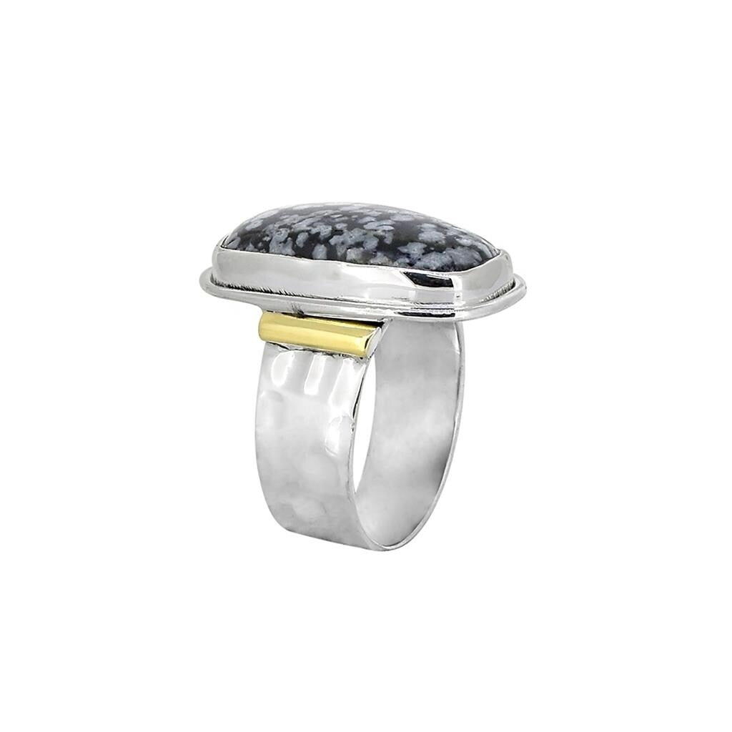 Premium Sterling Silver Snowflake Obsidian Gemstone Ring with Dual-Tone Band