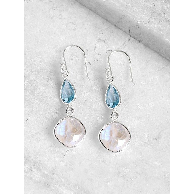 Premium Sterling Silver Rainbow Moonstone & Blue Topaz Dangle Earrings - Elegant Traveler's Jewelry