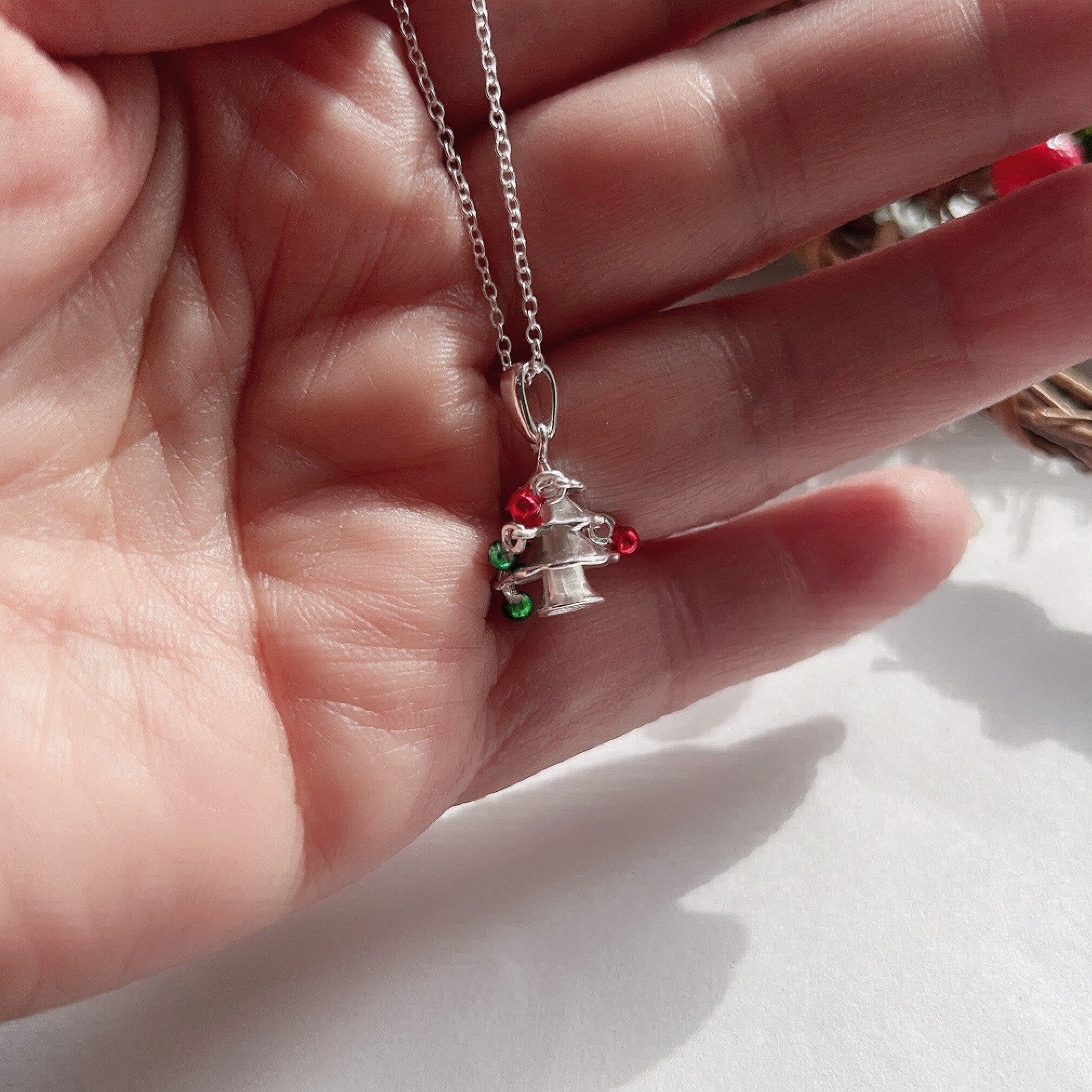 Premium Sterling Silver Christmas Tree Charm Necklace with Colorful Ornaments