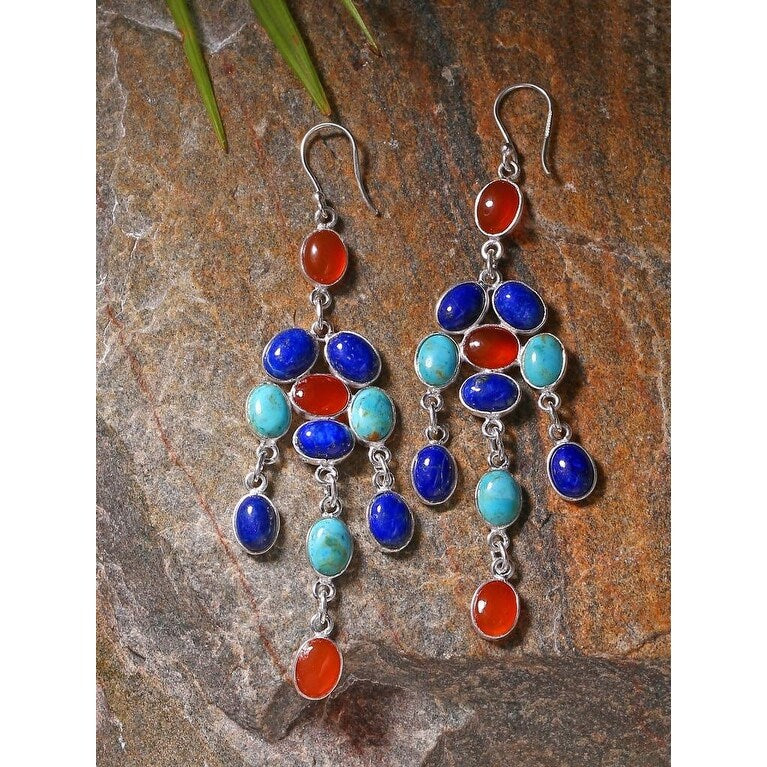 Premium YS Gems Sterling Silver Multi Turquoise Gemstone Earrings - Bohemian Elegance