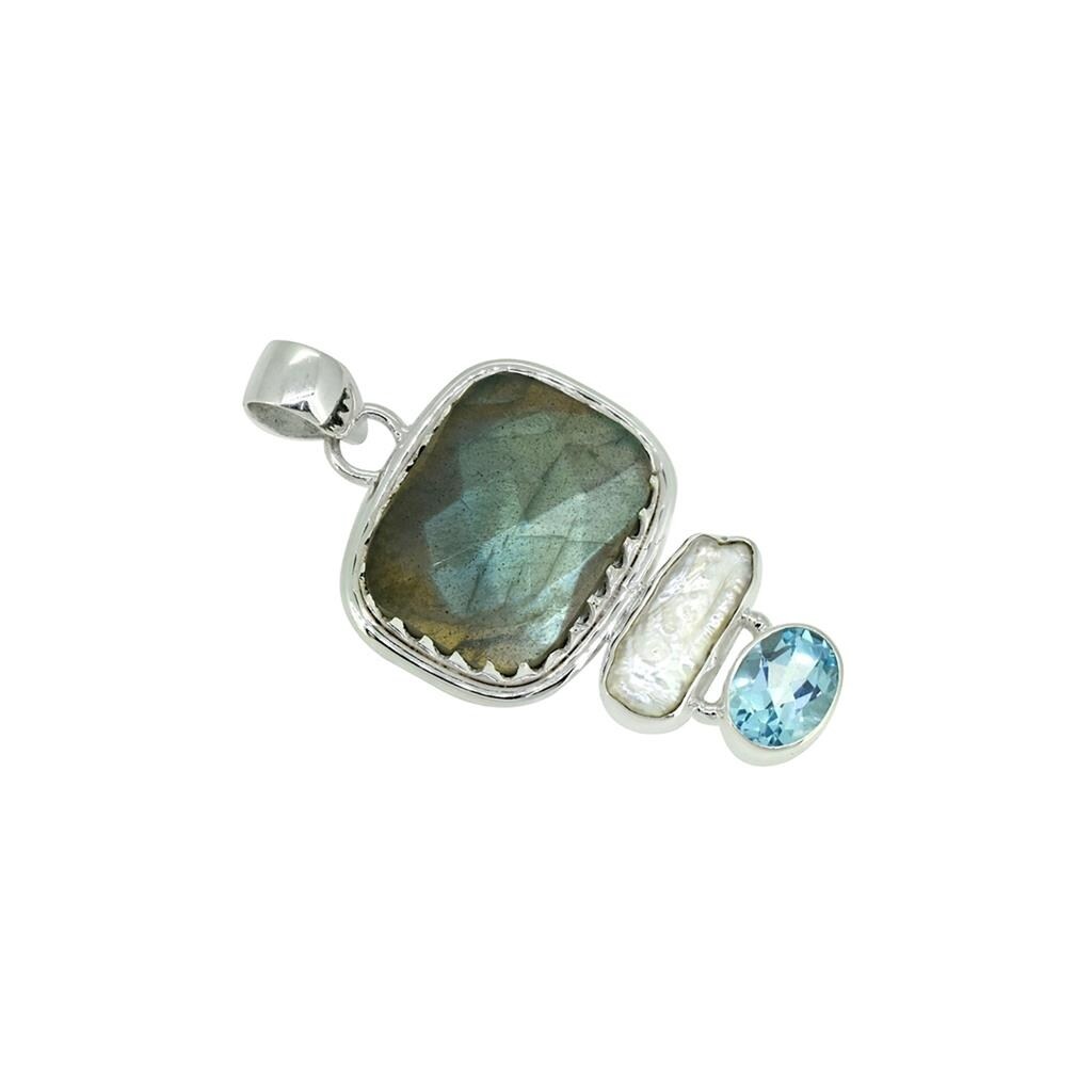 Premium Sterling Silver Labradorite, Pearl & Blue Topaz Gemstone Pendant - Handcrafted Elegance
