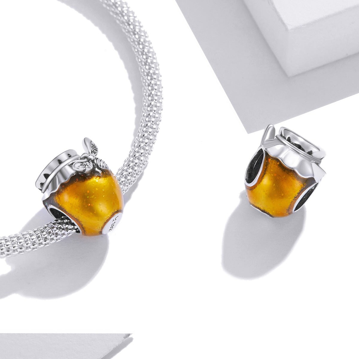 Premium Sterling Silver Honey Pot & Bee Charm – Yellow