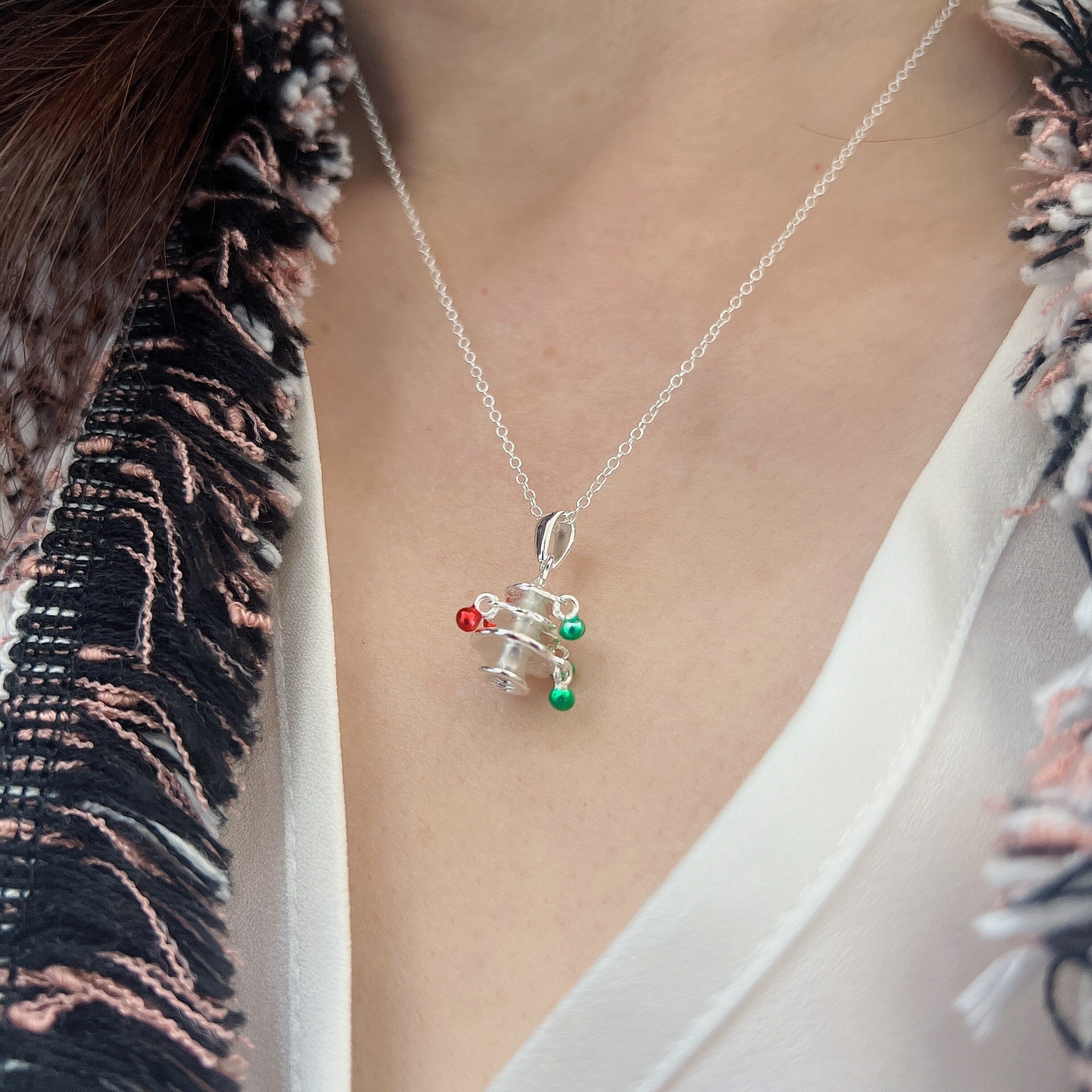 Premium Sterling Silver Christmas Tree Charm Necklace with Colorful Ornaments