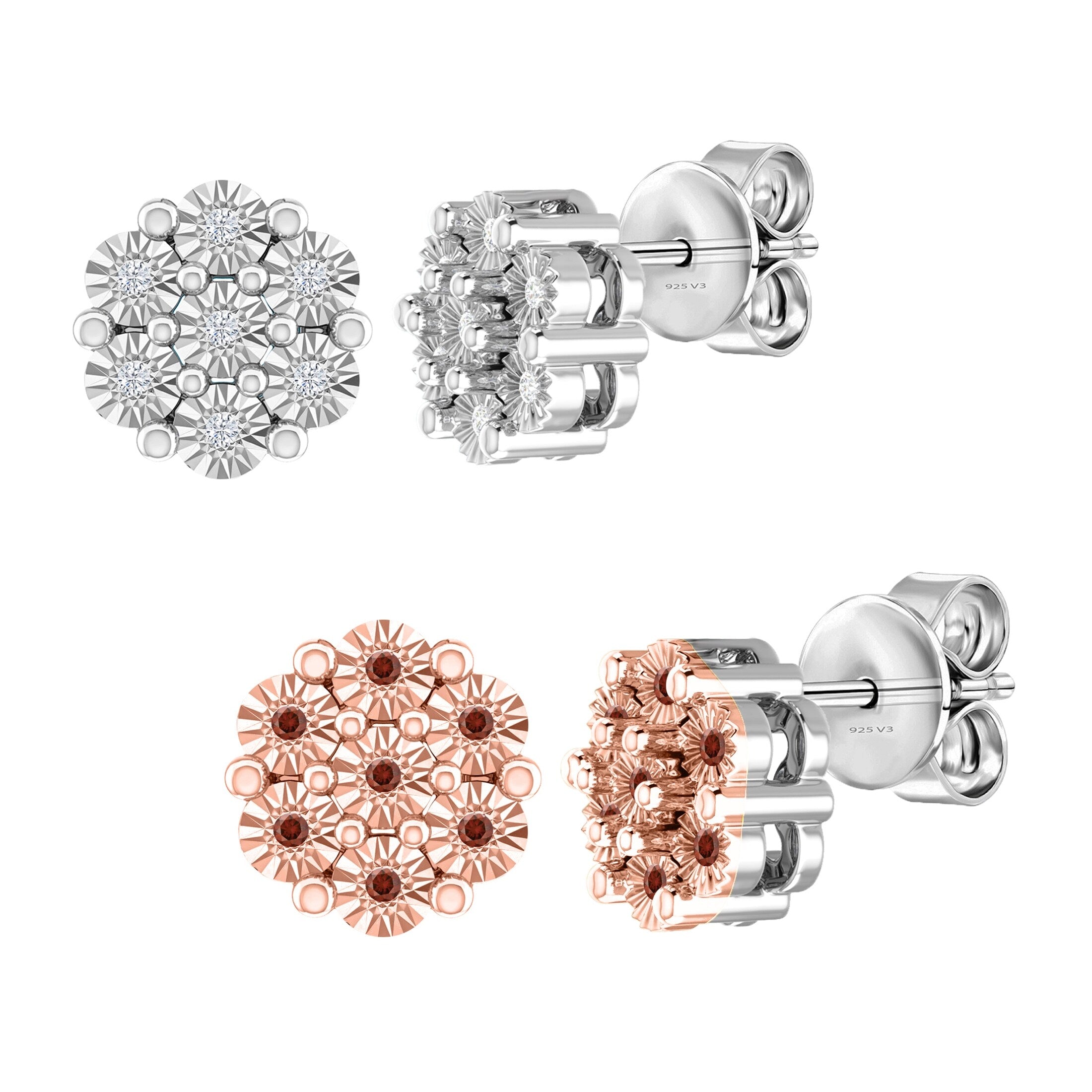 Premium Sterling Silver White & Red Diamond Flower Earrings Set