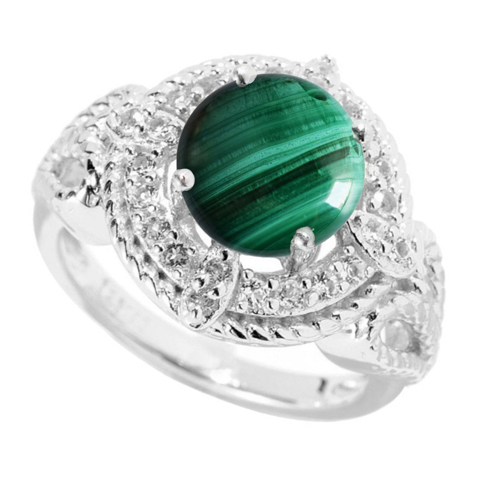 Premium Sterling Silver Malachite & White Topaz Halo Ring for Women