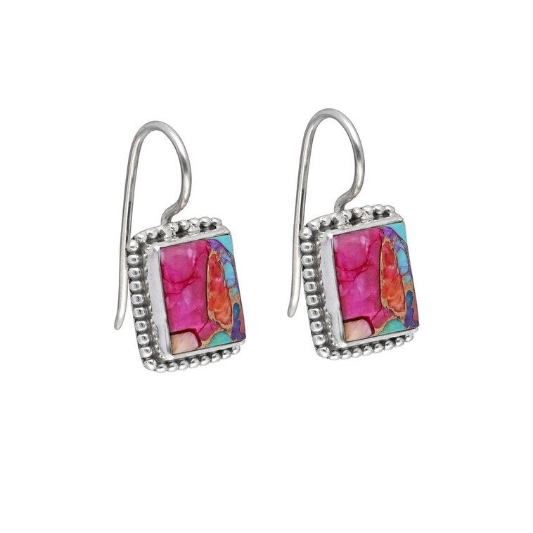 Premium Sterling Silver Turquoise Dangle Earrings with Pink Oyster & Copper Accents