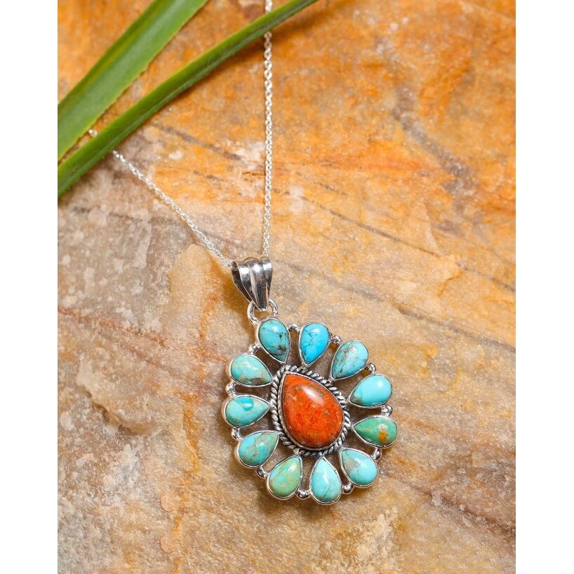 Premium YS Gems Sterling Silver Orange & Blue Mohave Turquoise Pendant Necklace