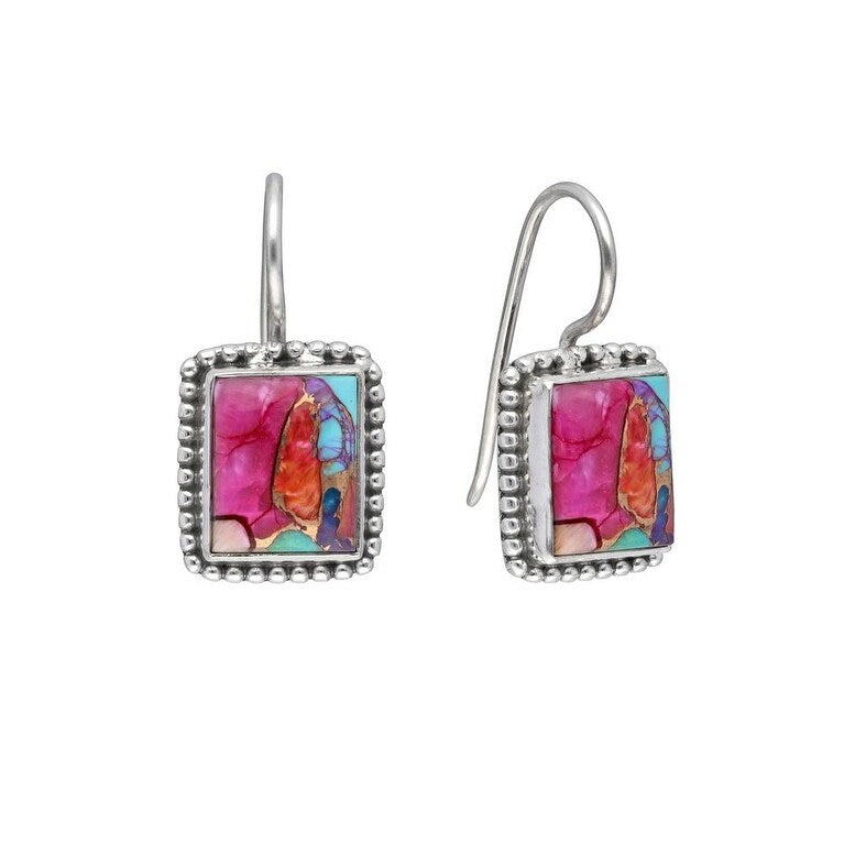 Premium Sterling Silver Turquoise Dangle Earrings with Pink Oyster & Copper Accents