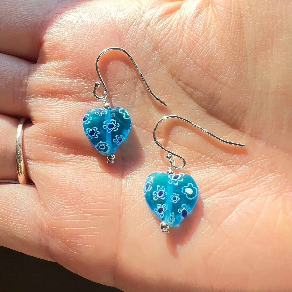 Premium Sterling Silver Blue Murano Glass Heart Earrings