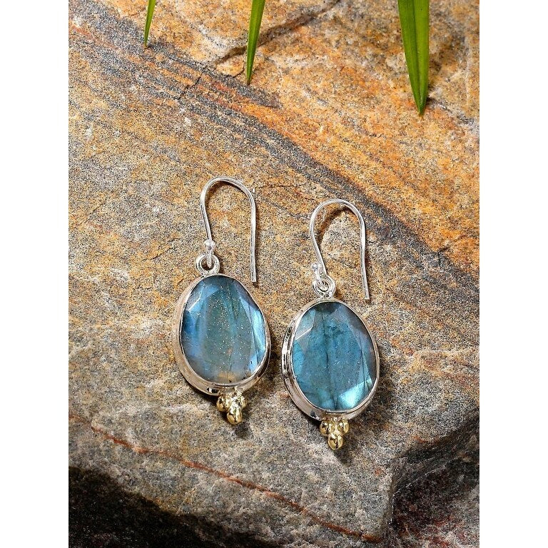 Premium YS Gems Sterling Silver Labradorite Dangle Earrings with Vintage Brass Accents