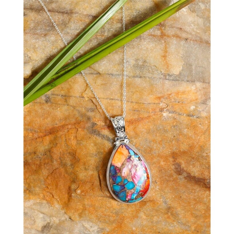 Premium Sterling Silver Pink Oyster Copper Turquoise Pendant - Elegant Gemstone Jewelry